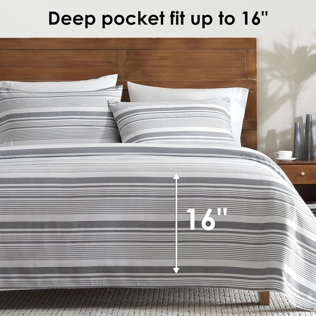 Wrinkle-Resistant Home 3-Piece Twin Microfiber Classic Stripe Bed Sheet Set, Super Soft, Breathable Stripe Bedding with 16 inches Deep ... - Breathable Egyptian Cotton Flat & Fitted Sheets Detail