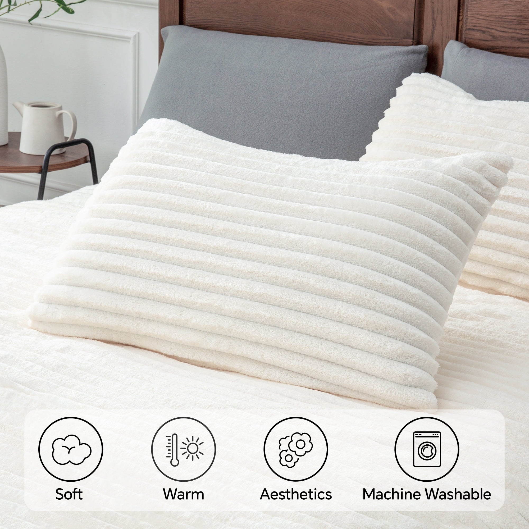All-Season Fleece Queen Comforter Set -Super Soft & Warm Fluffy White Bedding, Luxury Fuzzy Heavy Bed Set for Winter with 2 Pill... - Luxurious Quilted Duvet Cover Set Detail
