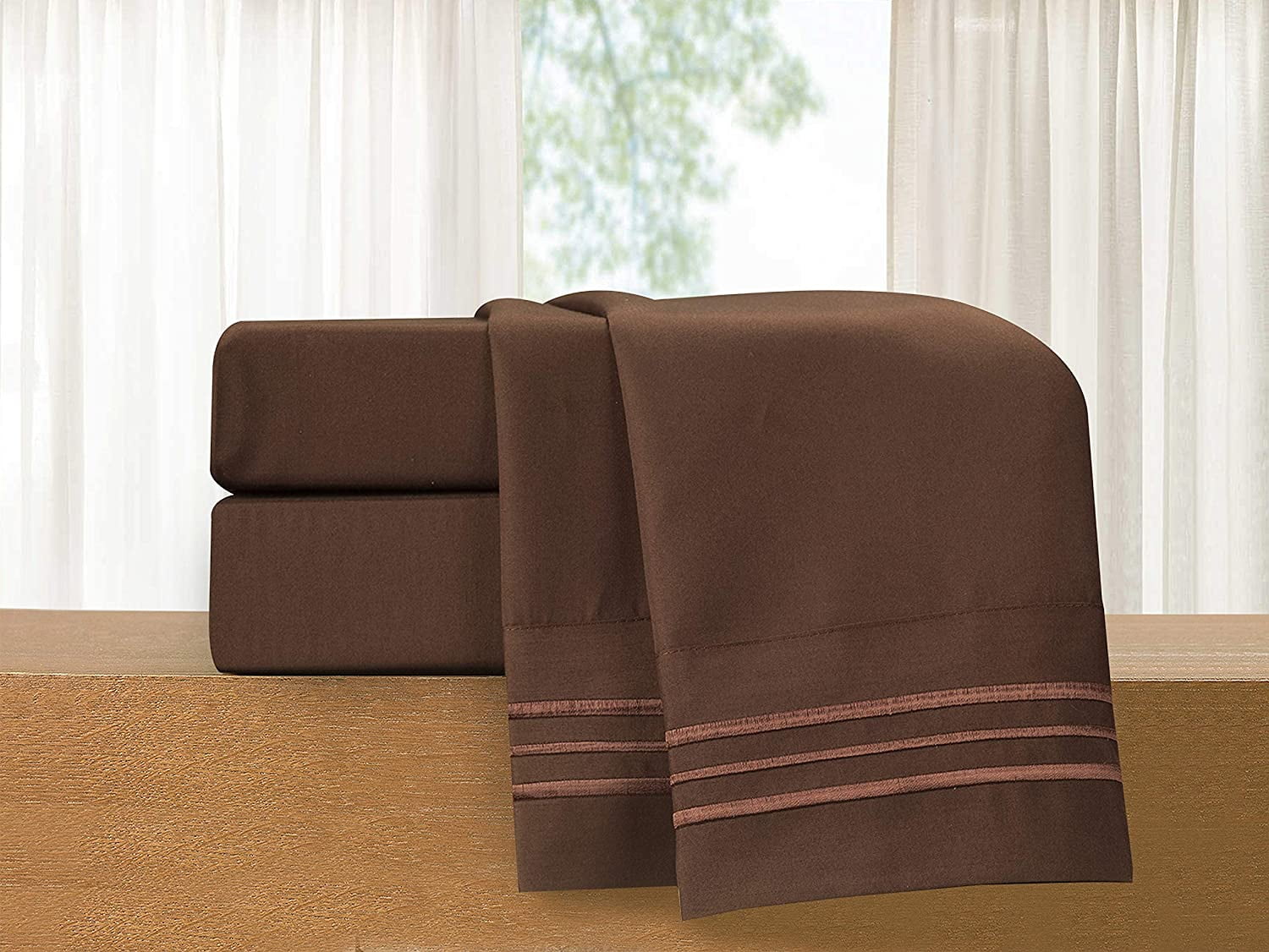 Premium Egyptian Cotton 1500 Series Microfiber Bed Sheets 4-Piece Set, Deep Pocket, Twin/Twin XL Chocolate Brown - Premium Ultra-Soft Pillowcase Pair for Sleeping Detail