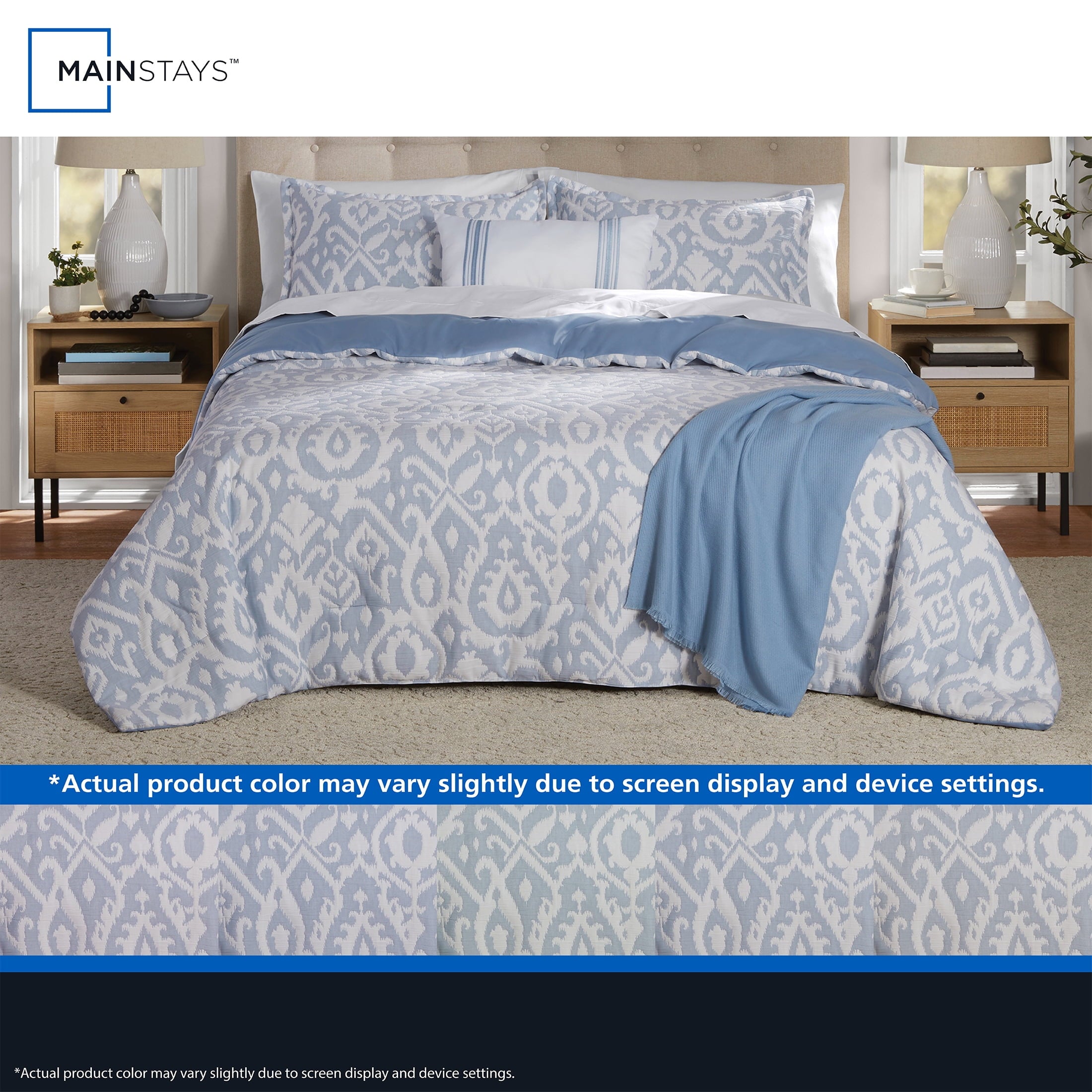 Luxurious Quilted Full/Queen Comforter Set, All-Season, 5-Piece, Blue Matelasse Ikat - All-Season Down Alternative Comforter Insert Detail