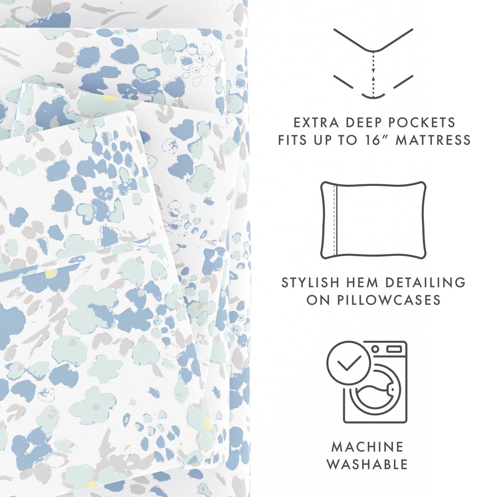 Ultra-Soft 4 Piece Pattern Microfiber Bed Sheets Set, Light Blue Violets, Full - Luxury Bed Sheet Set with Deep Pockets Detail