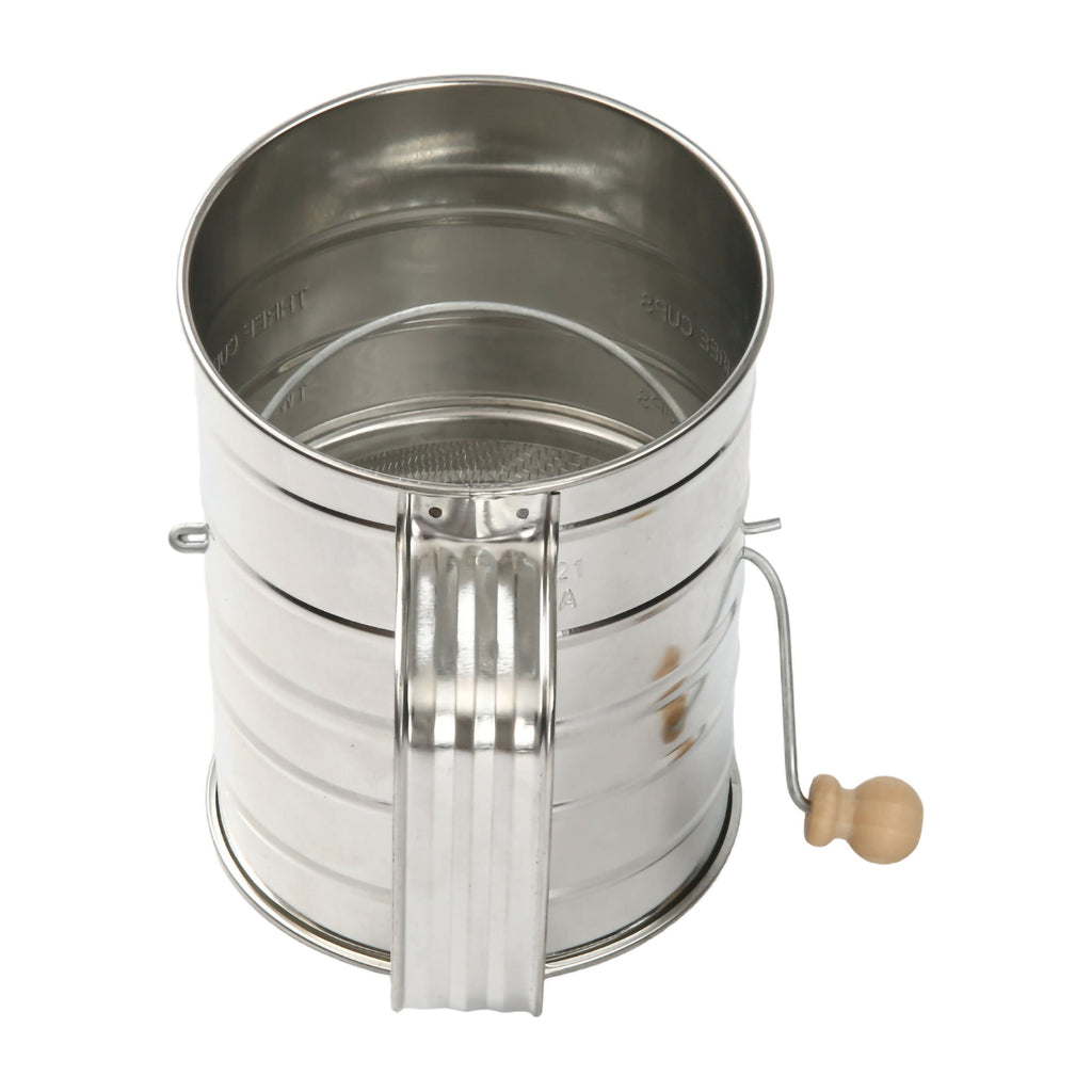 Premium Kitchen Stainless Steel 3 Cup Flour Hand-Crank Sifter with Beechwood Handle Silver - Innovative Kitchen Helper for Modern Cooking Detail