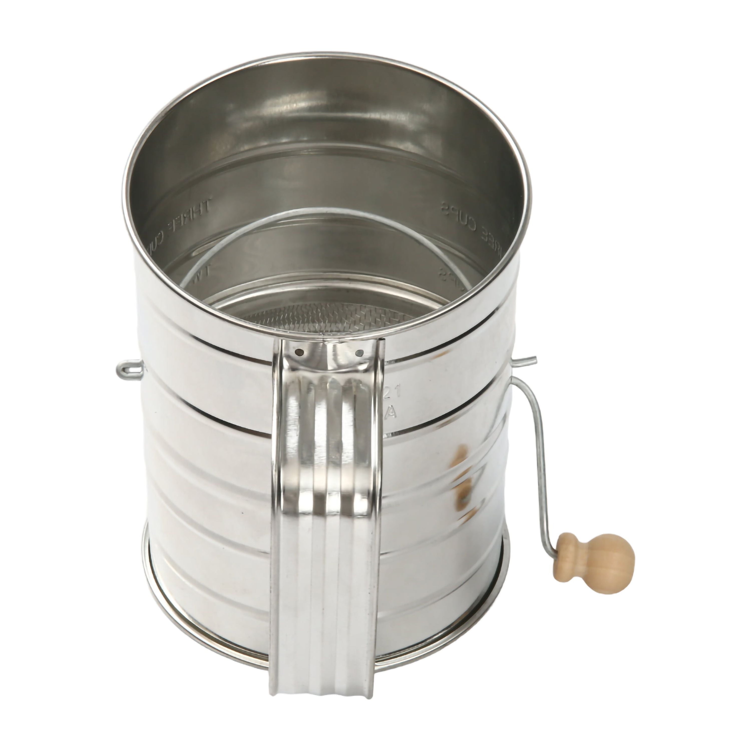 Premium Kitchen Stainless Steel 3 Cup Flour Hand-Crank Sifter with Beechwood Handle Silver - Innovative Kitchen Helper for Modern Cooking Detail