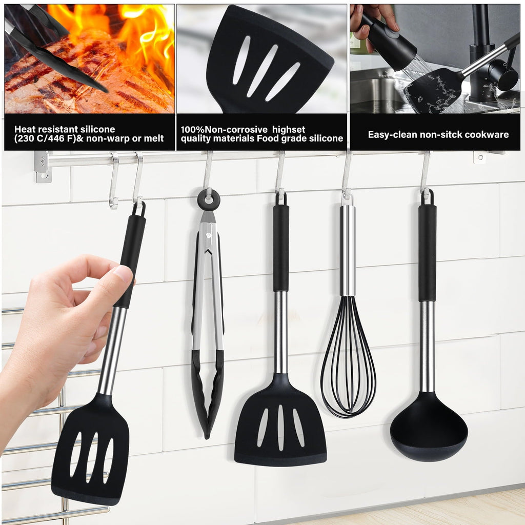 Seamless One-Piece Silicone Cooking Utensils Set, 26 Pcs, Heat Resistant Kitchen Utensils Set, Black - Durable Turner & Ladle Utensil Set for Home Chefs Detail