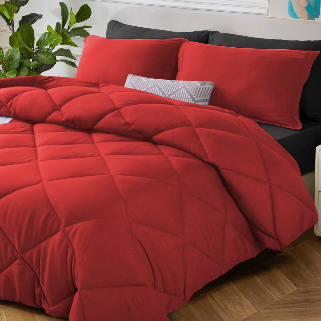 Fluffy Down Alternative 7 Piece Reversible Queen Comforter Set - Red Quilted Down Alternative Bedding All Season Super Soft Microfiber Bed in... - Luxurious Quilted Duvet Cover Set Detail
