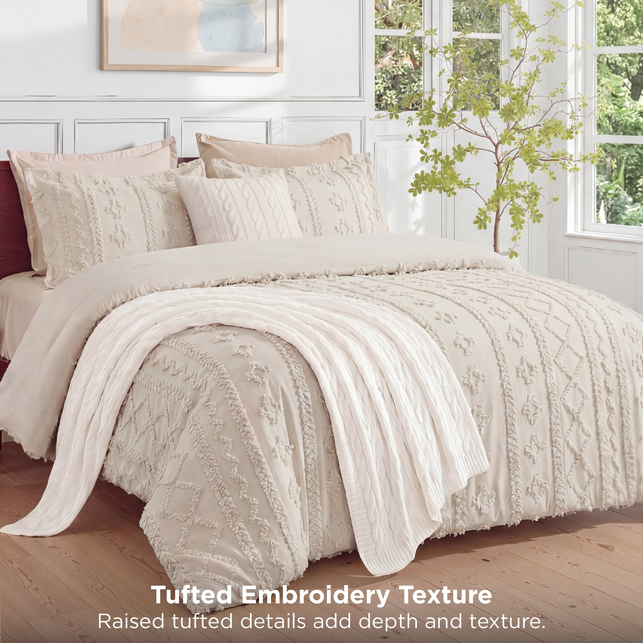 Fluffy Down Alternative Tufted Boho Comforter Set Queen, Beige, 3 Pieces Farmhouse Shabby Chic Embroidery Bedding Set, Soft Jacquard Comforte... - Luxurious Quilted Duvet Cover Set Detail