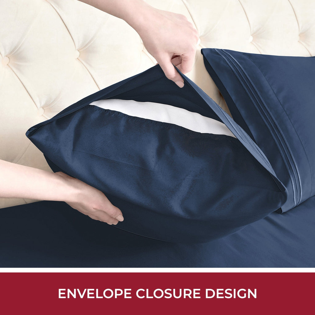 Breathable Luxury RV Sheets Queen Size Bed Set, Microfiber RV Bunk Bed Sheets, Short Queen, Navy Blue - Breathable Egyptian Cotton Flat & Fitted Sheets Detail