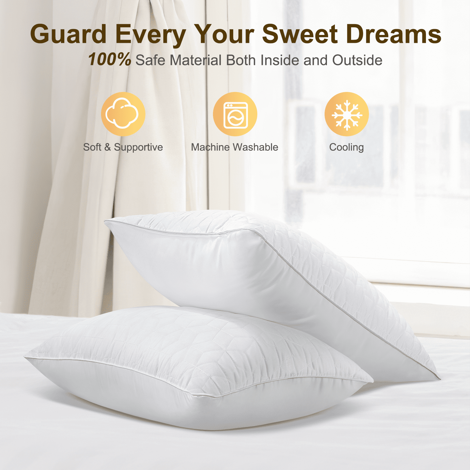 Decorative Plump Bed Pillows Queen Size Set of 2, Hotel Gusseted Pillows for Sleeping, Alternative to Down Pillows, Soft Supportive & ... - Decorative Throw Pillow Cushion for Sofa & Bed Detail