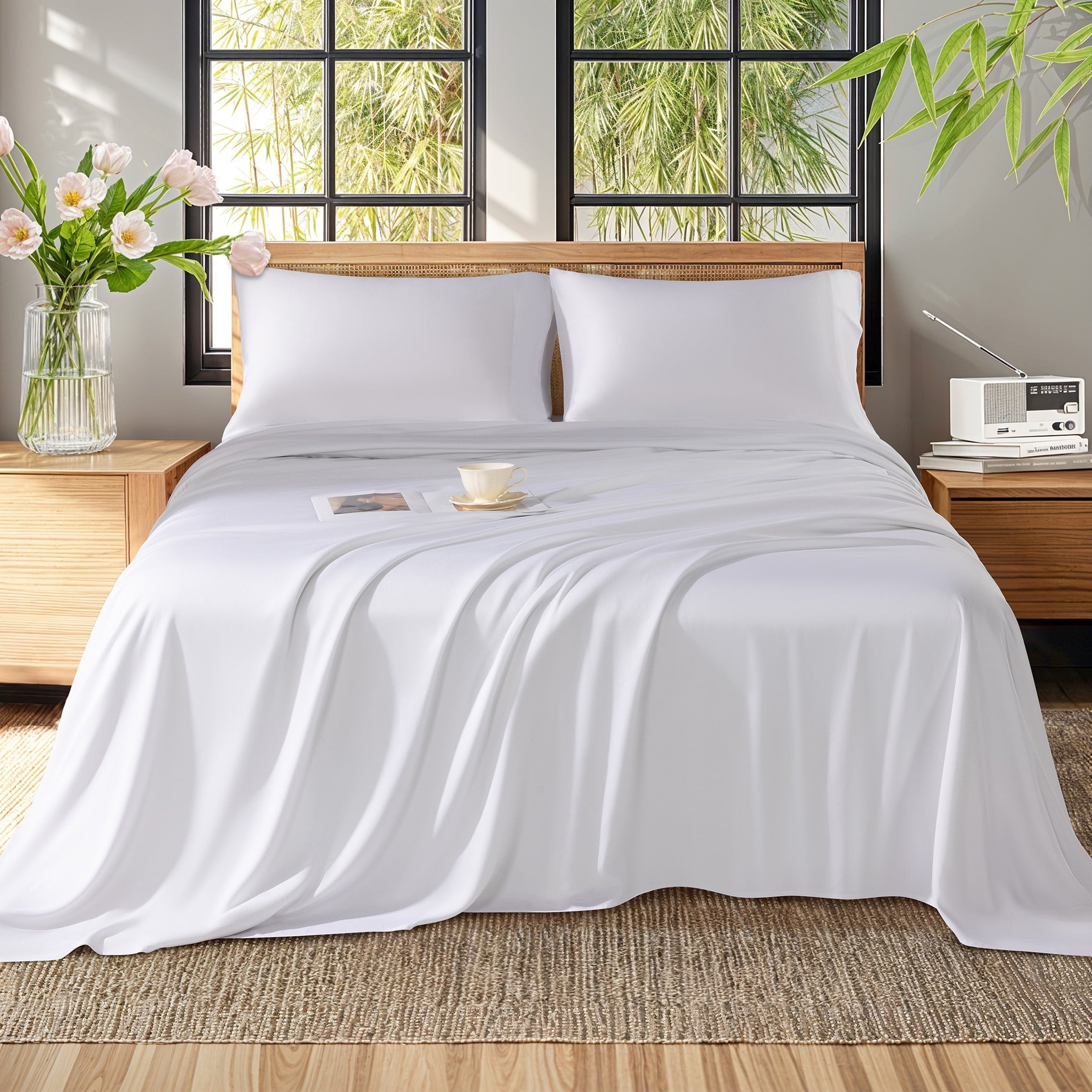 Cooling Sateen Bamboo Sheets Set, 4-Piece Queen Sheet Set with 16" Deep Pockets, Soft and Breathable Bed Sheets, White - Luxury Bed Sheet Set with Deep Pockets Detail