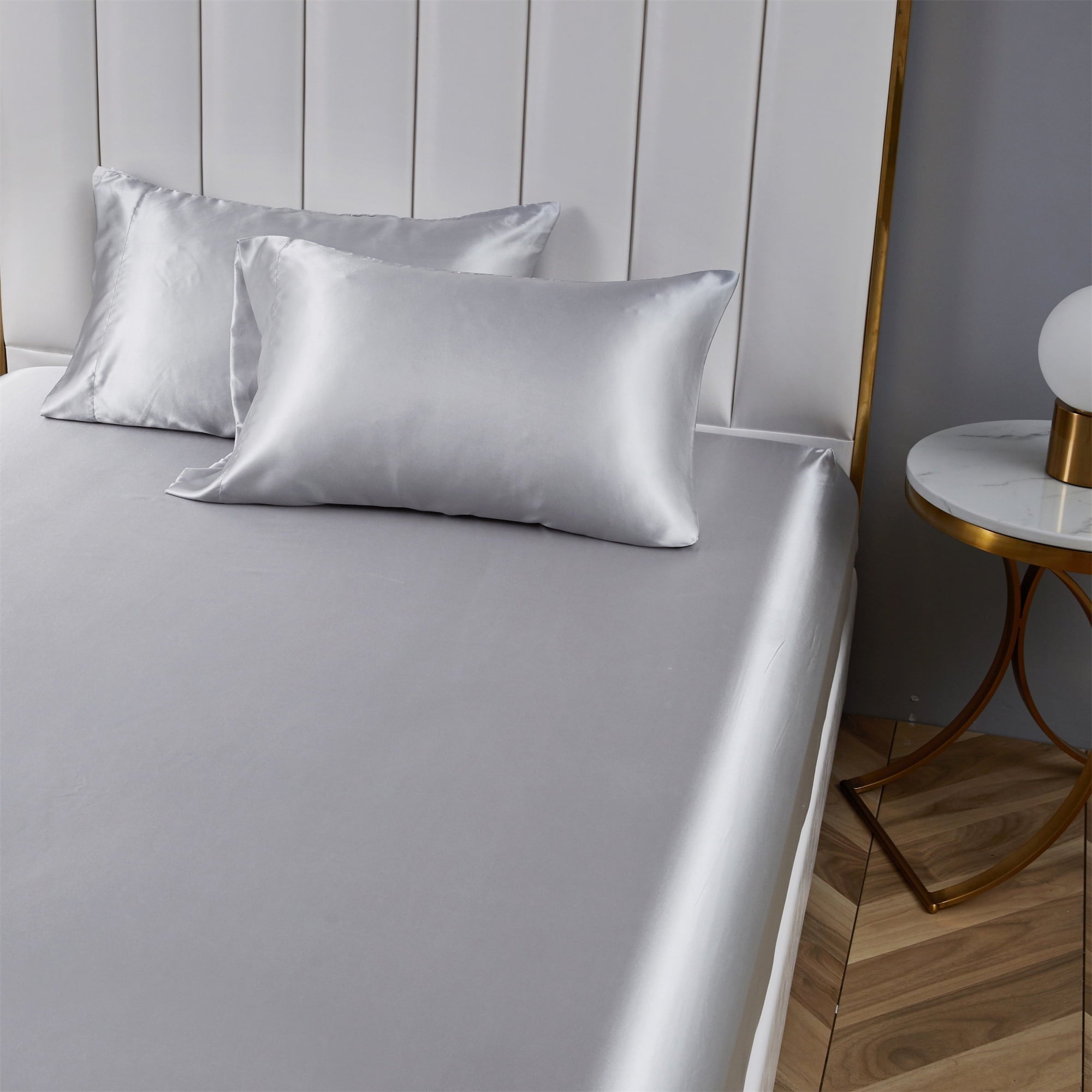 Wrinkle-Resistant Satin Fitted Sheet King Size 14 Inch Deep Pocket Bed Sheet Silk Sheet Ultra Soft Machine Washable, Light Gray - Premium Ultra-Soft Pillowcase Pair for Sleeping Detail