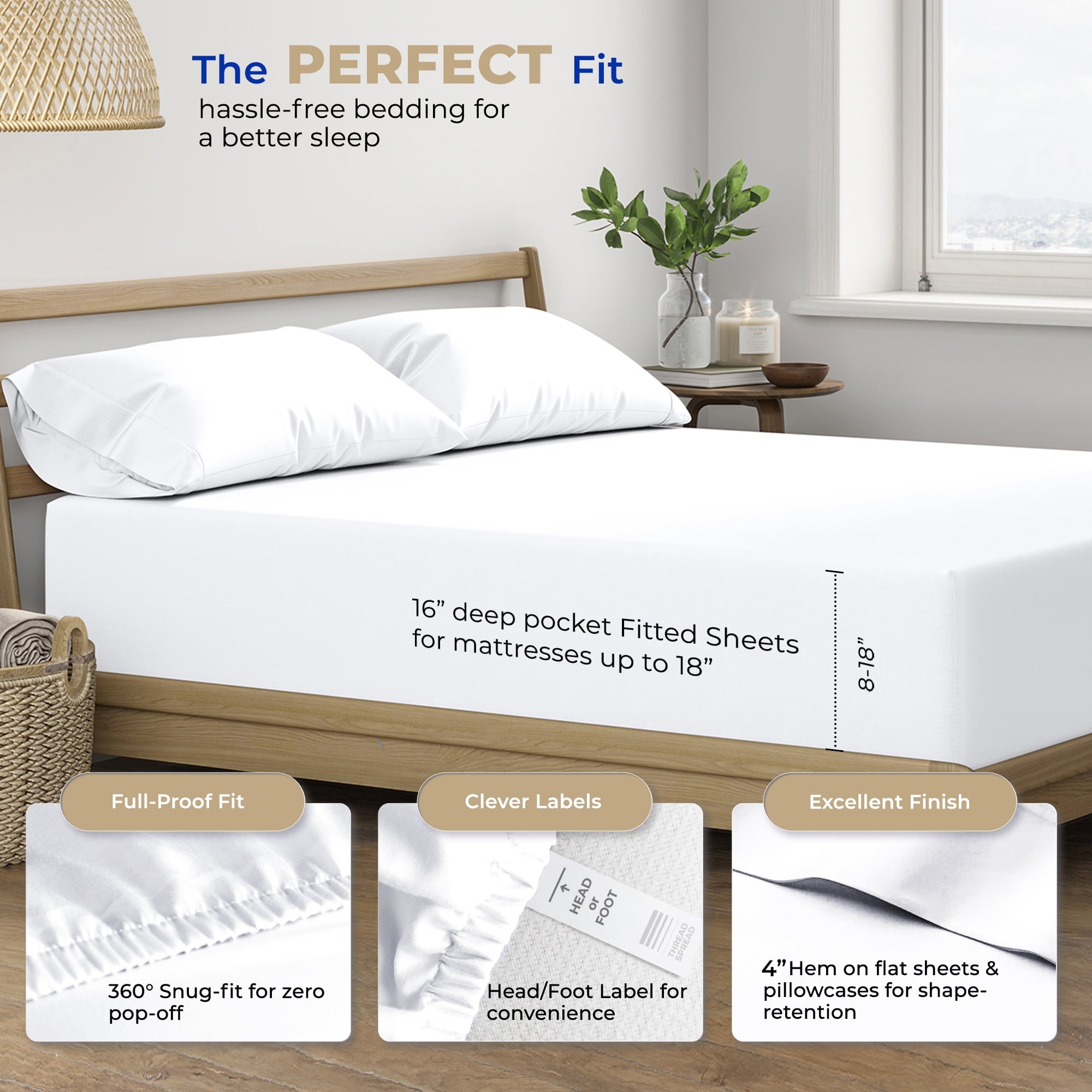 Wrinkle-Resistant King Size Cotton Sheets Set - 400 Thread Count 4 PC 100% Cotton Sheets for King Bed, 16 In Deep Pocket King Size Cott... - Cooling Hotel Quality Bedding Sheets and Pillowcases Detail