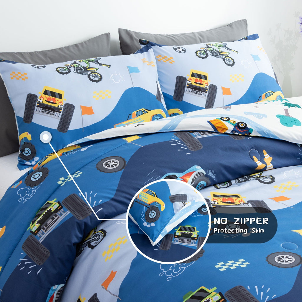 Luxurious Quilted 3Pcs Reversible Construction Truck Twin Comforter Set for Boys Kids Excavator Vehicle Motorcycle Bedding Set Blue - Luxurious Quilted Duvet Cover Set Detail