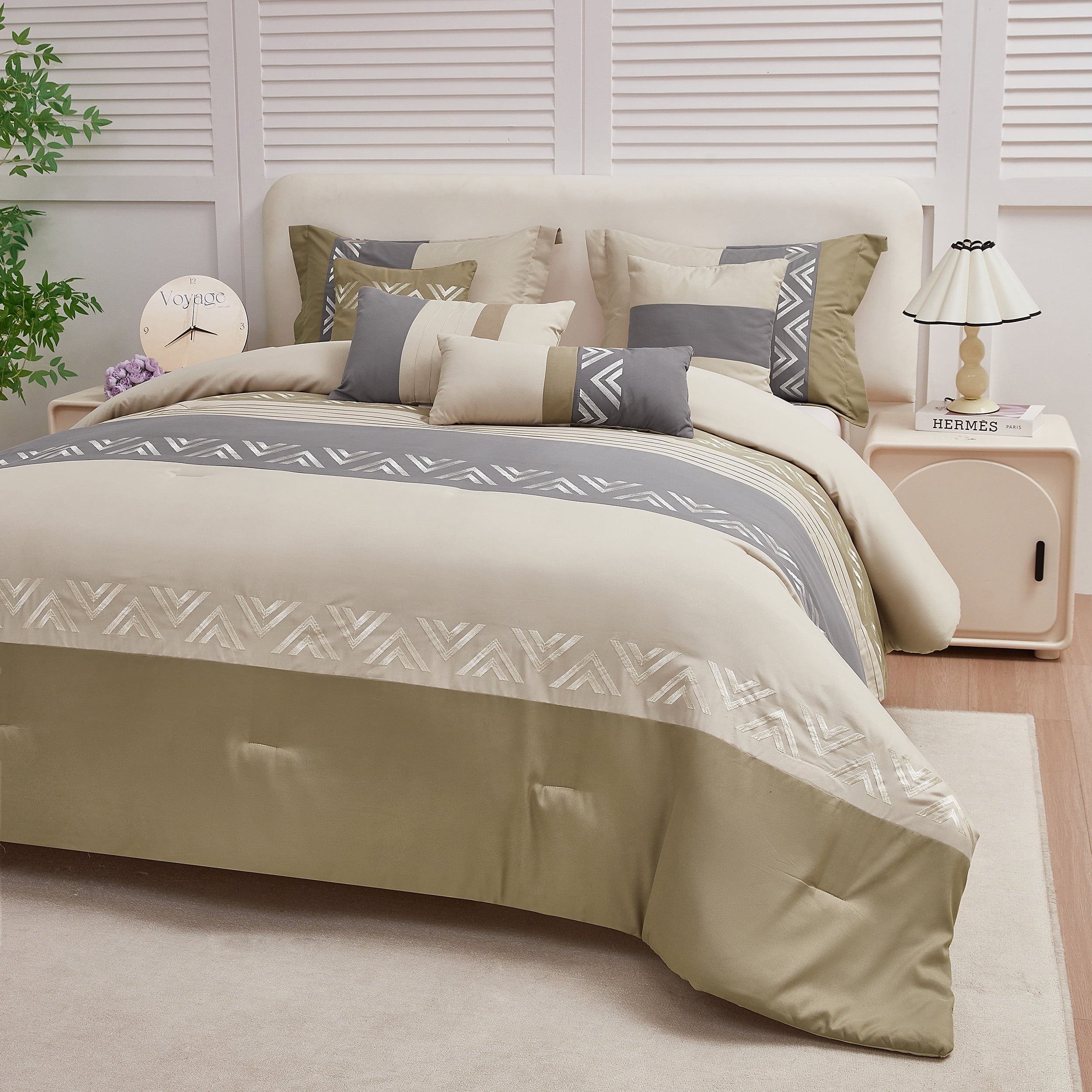 Heavyweight Warmth 7 Piece Embroidery Design Bed-in-a-Bag, Taupe Queen Size Ultra Soft Comforter Set for Adults - Luxurious Quilted Duvet Cover Set Detail