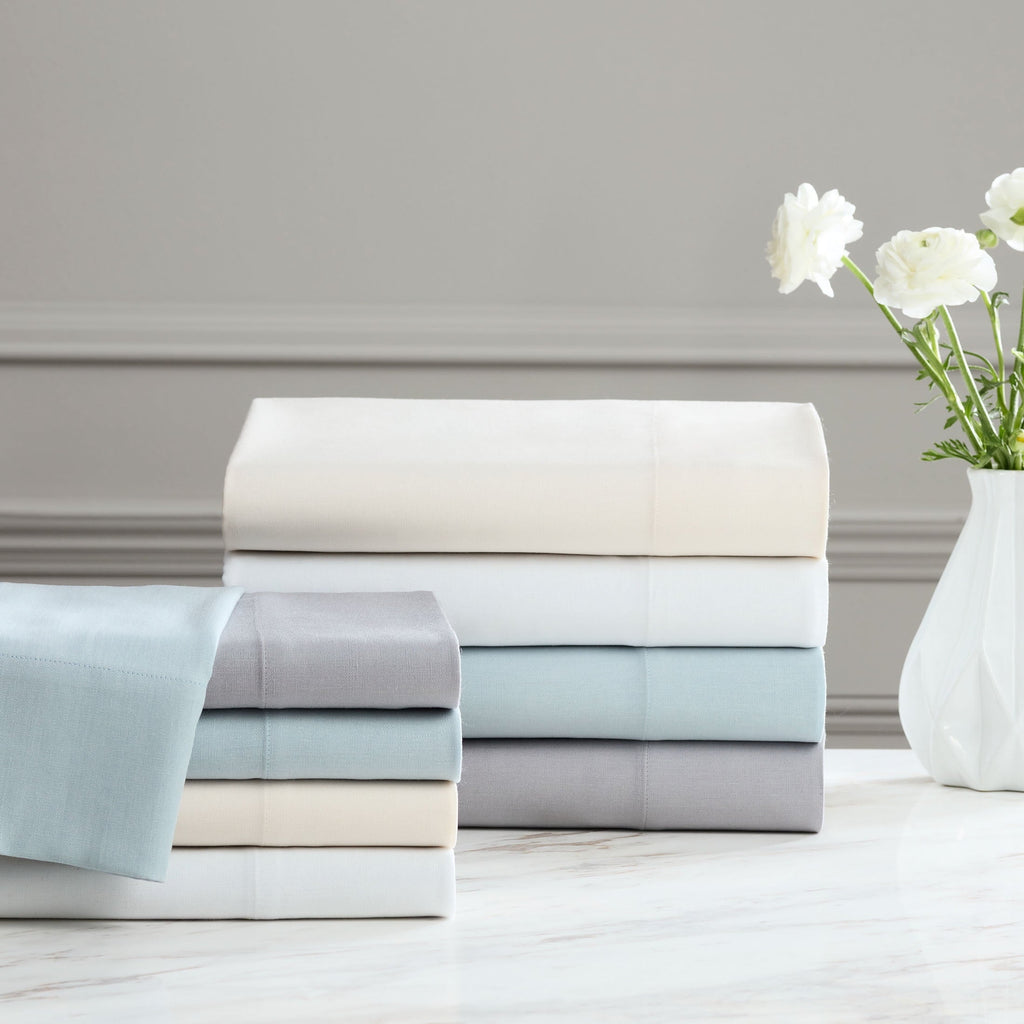 Ultra-Soft 4-Piece White Lyocell & Linen Blend Percale Bed Sheet Set, Queen - Breathable Egyptian Cotton Flat & Fitted Sheets Detail