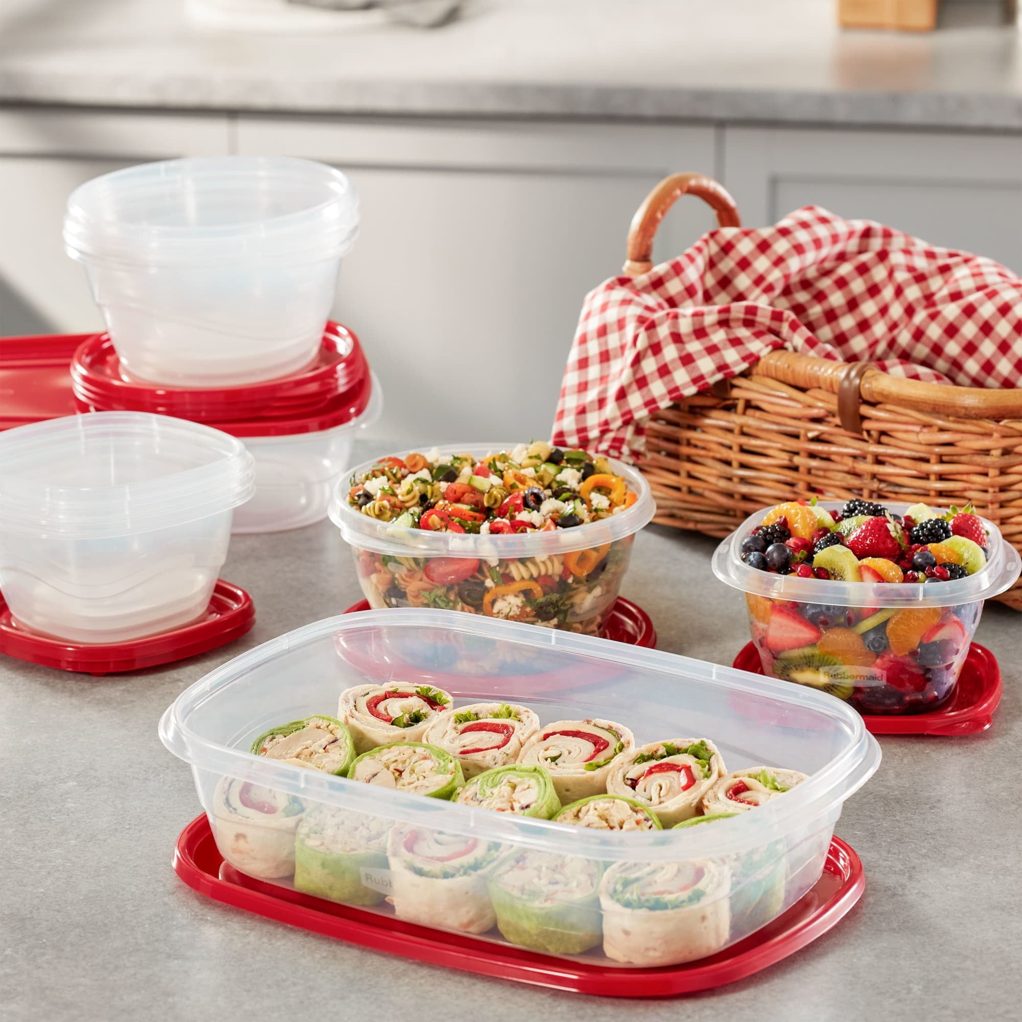 Deliciously Squishy 5.0-Cup Round Food Storage Containers, Ruby Red, 3 pack - Playful Star & Heart Shaped Geometric NeeDoh Detail