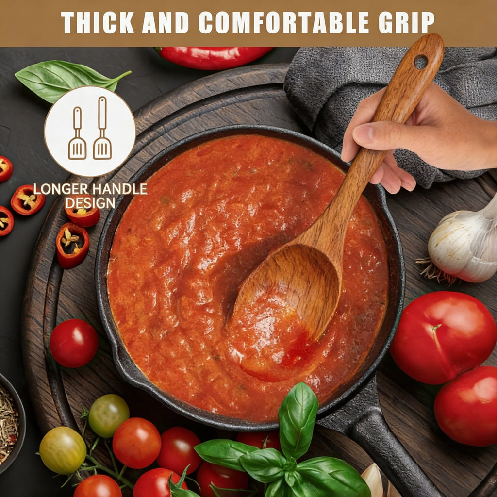 Heat-Resistant Wooden Spoons for Cooking, 6 PCS Teak Wood Cooking Utensil Set, Wooden Kitchen Utensils for Nonstick Pans & Cookware,... - Durable Turner & Ladle Utensil Set for Home Chefs Detail