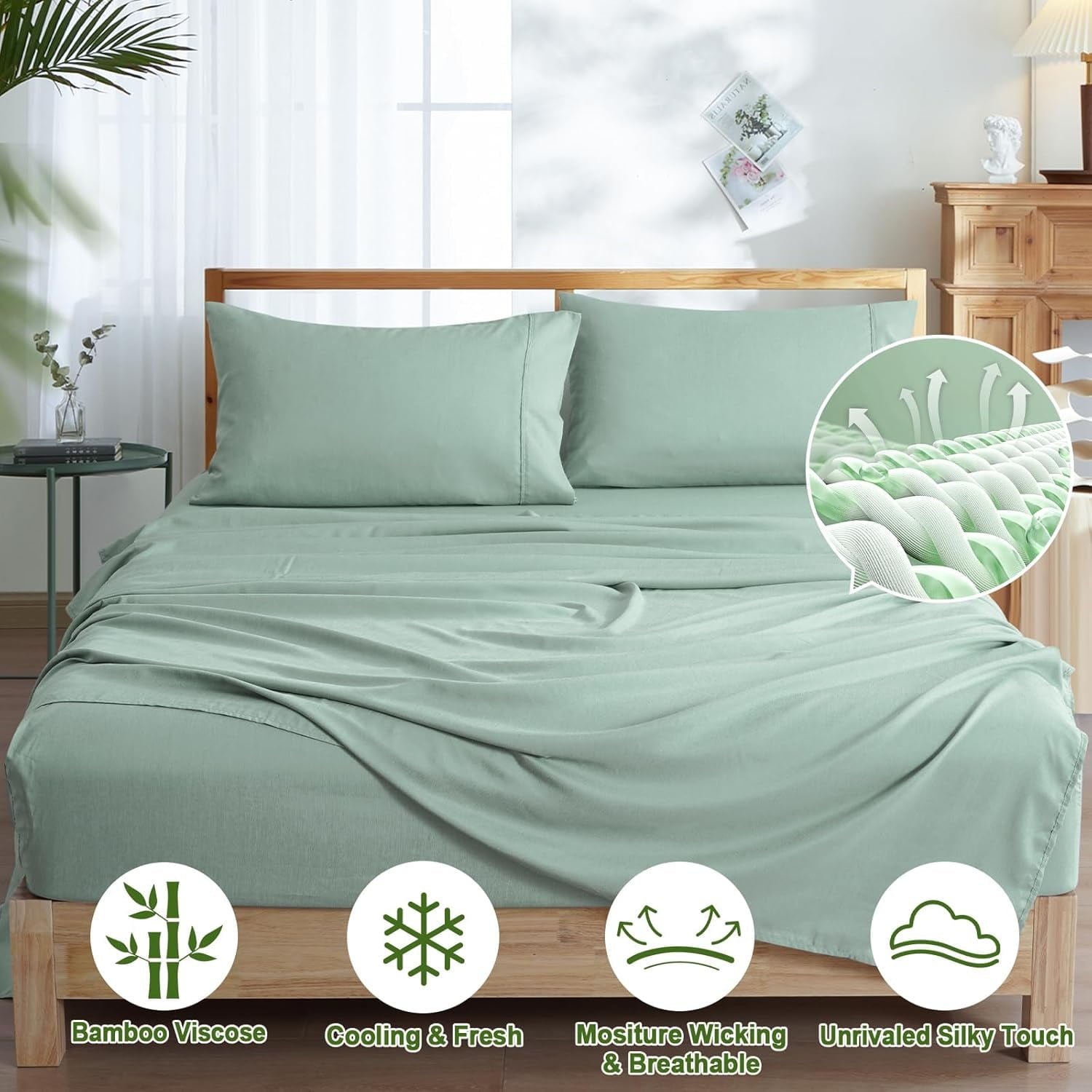 Ultra-Soft Bamboo Bed Sheet Sets, 4 Pieces King Silky Soft Bedding Sheets, 1800 Thread Count 16 Inch Deep Pockets, Sage Green - Breathable Egyptian Cotton Flat & Fitted Sheets Detail