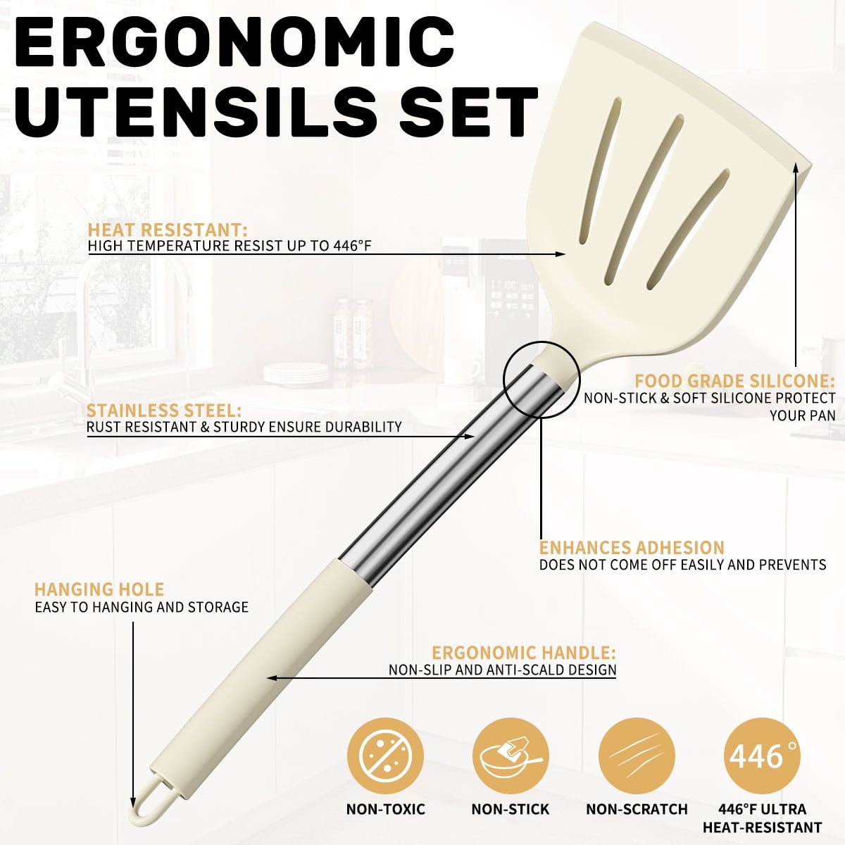Seamless One-Piece Silicone Cooking Utensil Set, 30 Pcs Kitchen Utensils Set with Stainless Steel Handle, Food Grade Silicone Spatula Se... - Ergonomic Kitchen Tongs and Cooking Spoon Utensil Detail