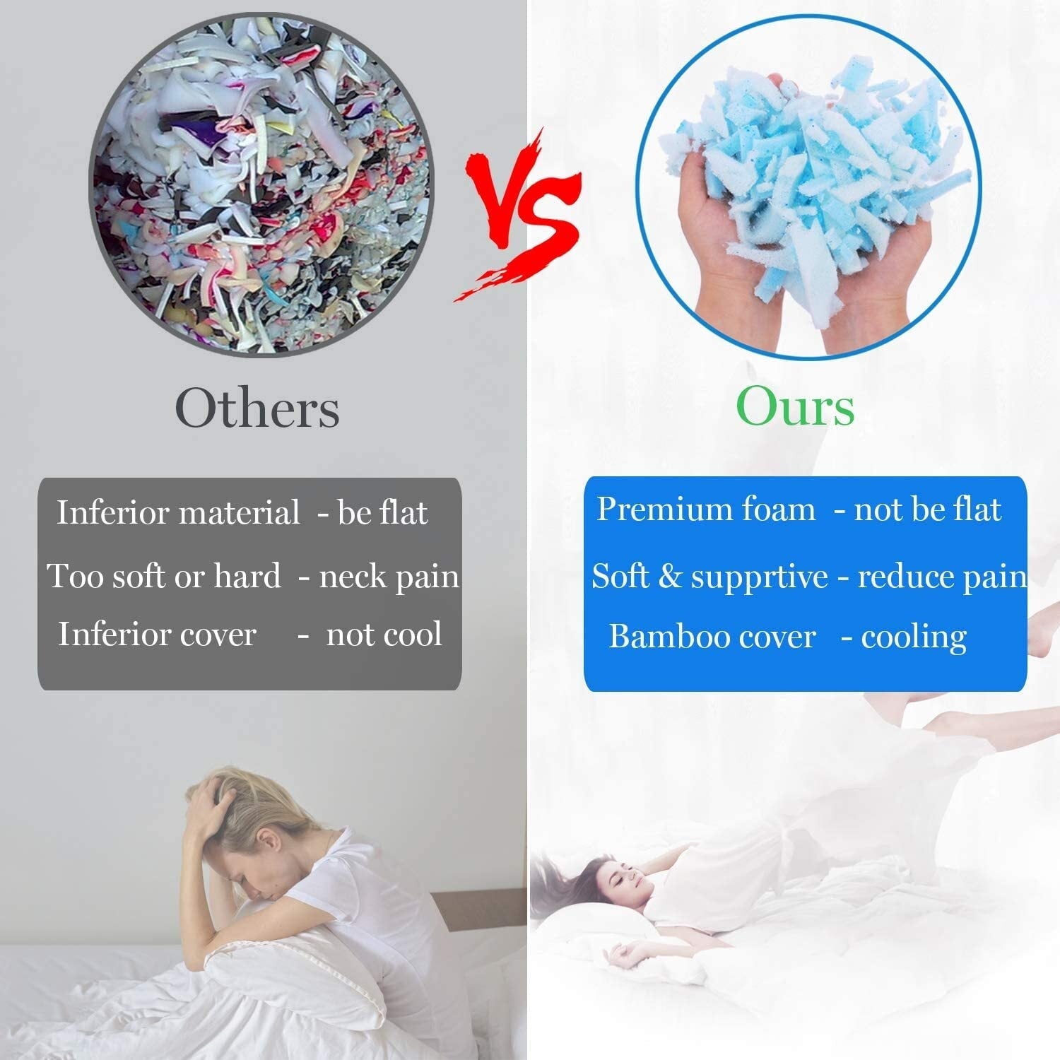 Decorative Plump Cooling Bed Pillows Queen Size Set of 2, Shredded Memory Foam Pillows for Sleeping 2 Pack, Adjustable Soft Firm Pillo... - Decorative Throw Pillow Cushion for Sofa & Bed Detail