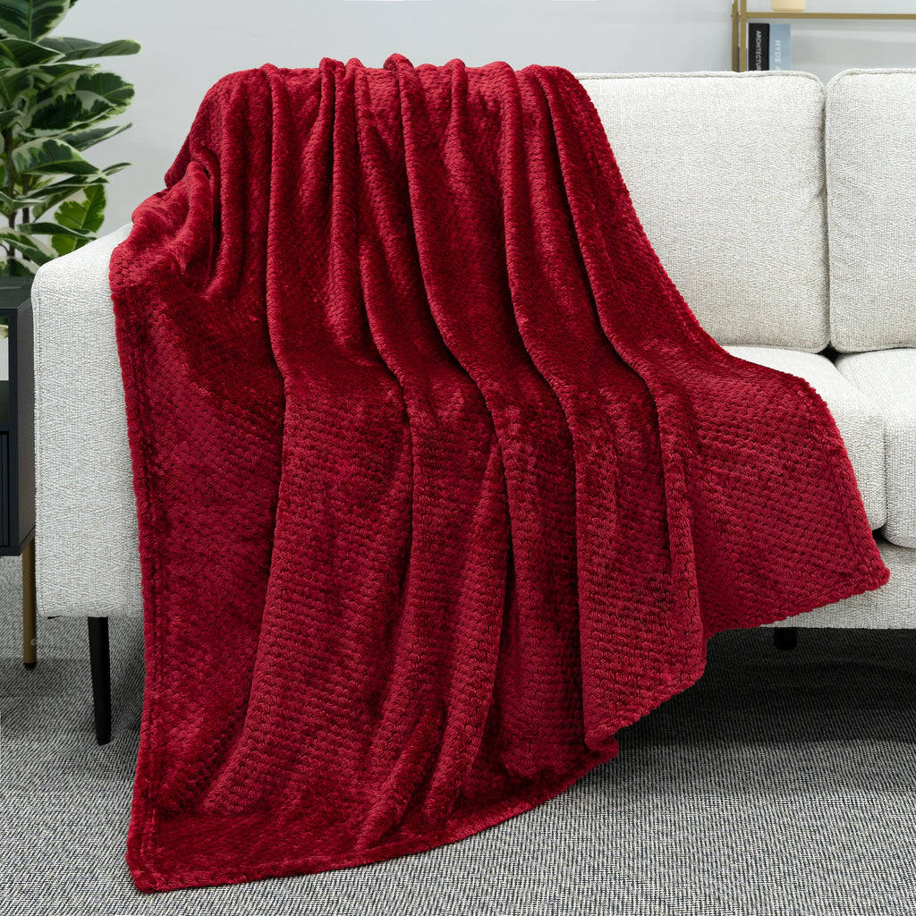 Reversible Sherpa Maroon Red Throw Blanket for Couch, Twin Bed, Soft Fleece Throws for Sofa Chair, Fuzzy Waffle Textured Blanket, Cozy ... - Luxury Knitted Decorative Throw Blanket with Fringes Detail