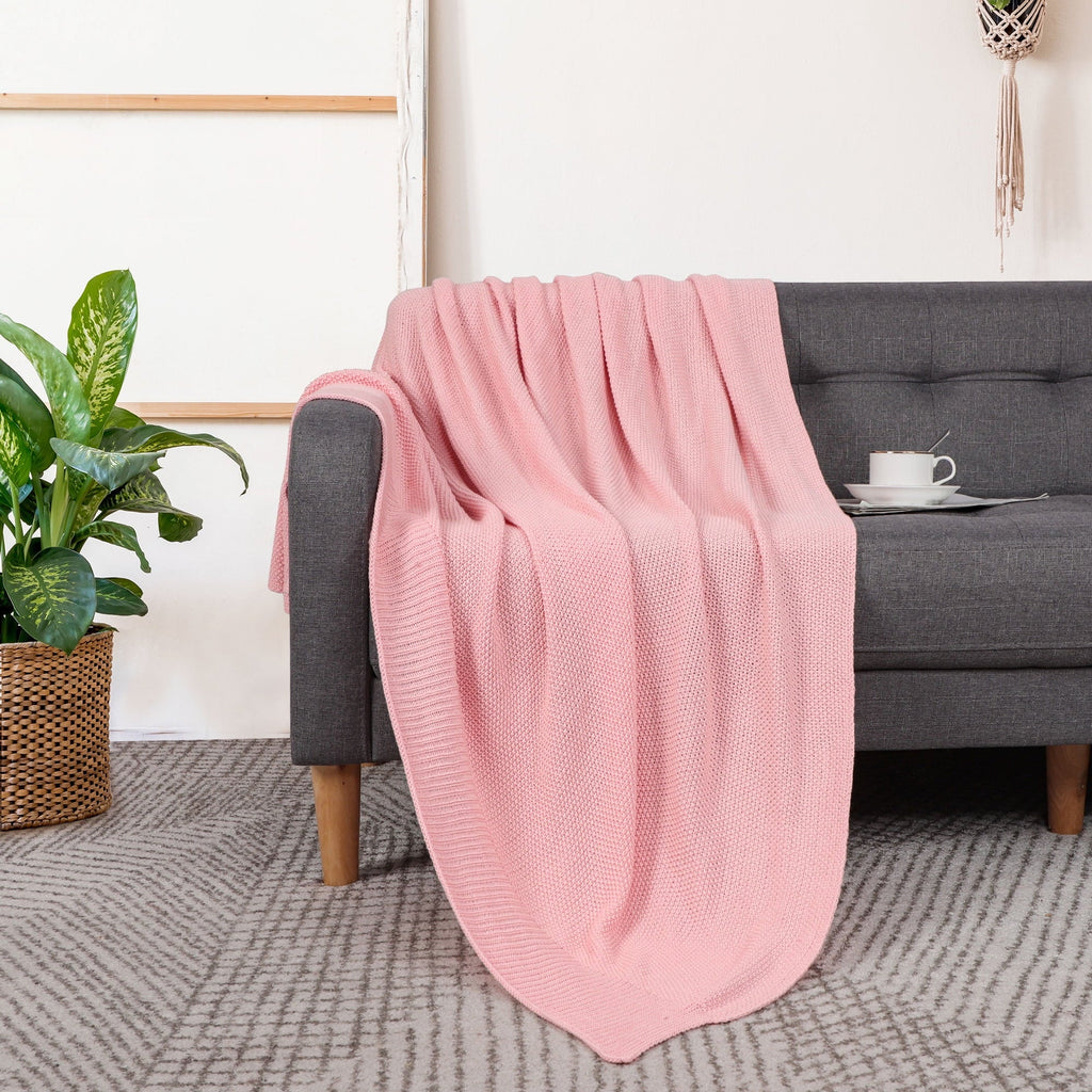 Lightweight Warm Pure Cotton Soft Cable Knit Throw Blanket Pink 50" x 70" - Luxury Knitted Decorative Throw Blanket with Fringes Detail