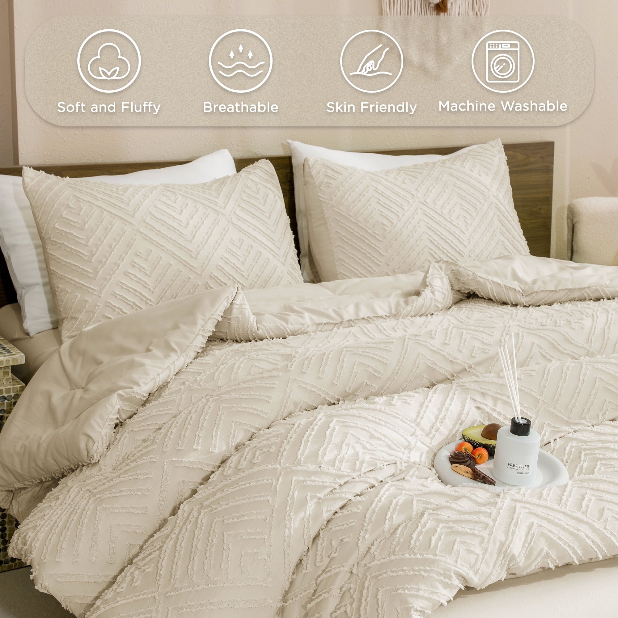 All-Season King Size Comforter Sets Beige - 3 Pieces Cream Boho Bedding Comforter Set for King Bed - Soft Fluffy Tufted Textured... - All-Season Down Alternative Comforter Insert Detail