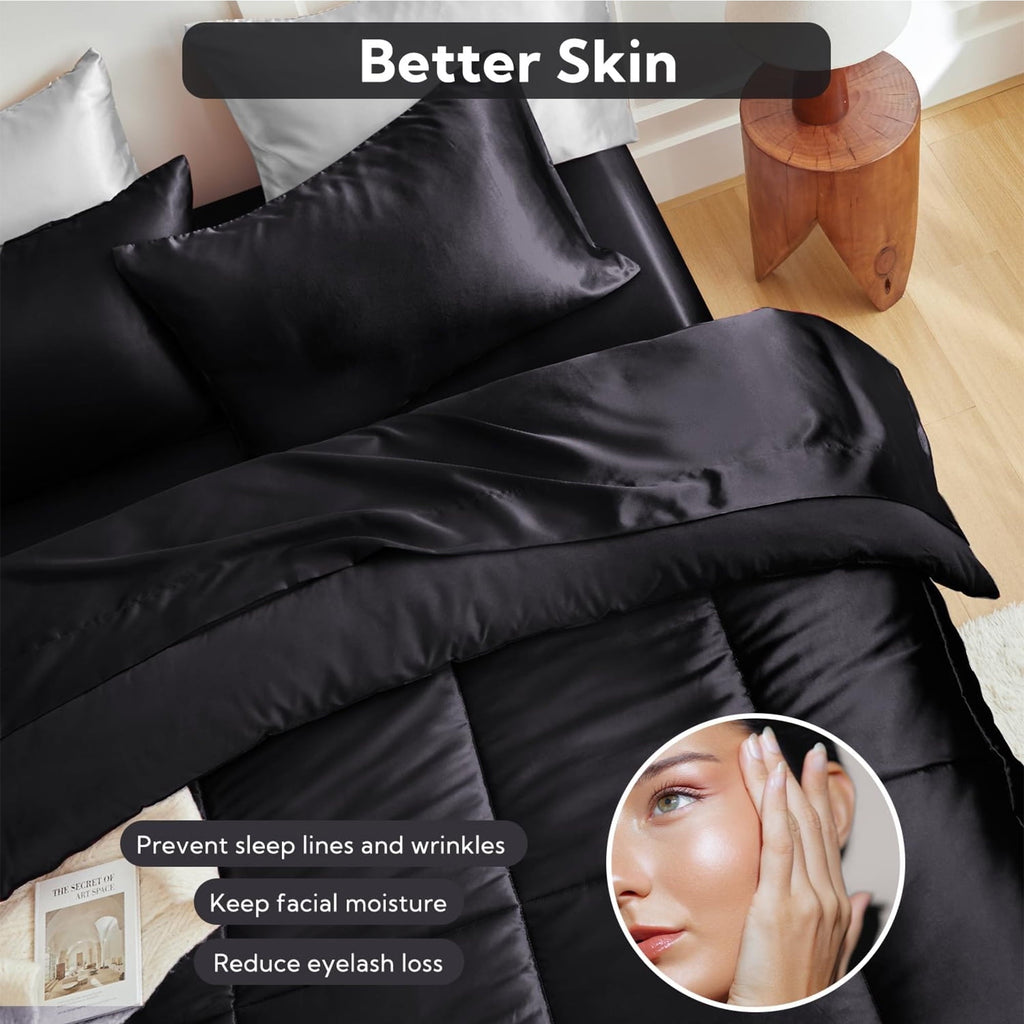 Fluffy Down Alternative Reversible Satin Microfiber Comforter 3 Pieces Queen Size, Black Queen Comforter Set for All Seasons, Silky Soft Sati... - All-Season Down Alternative Comforter Insert Detail