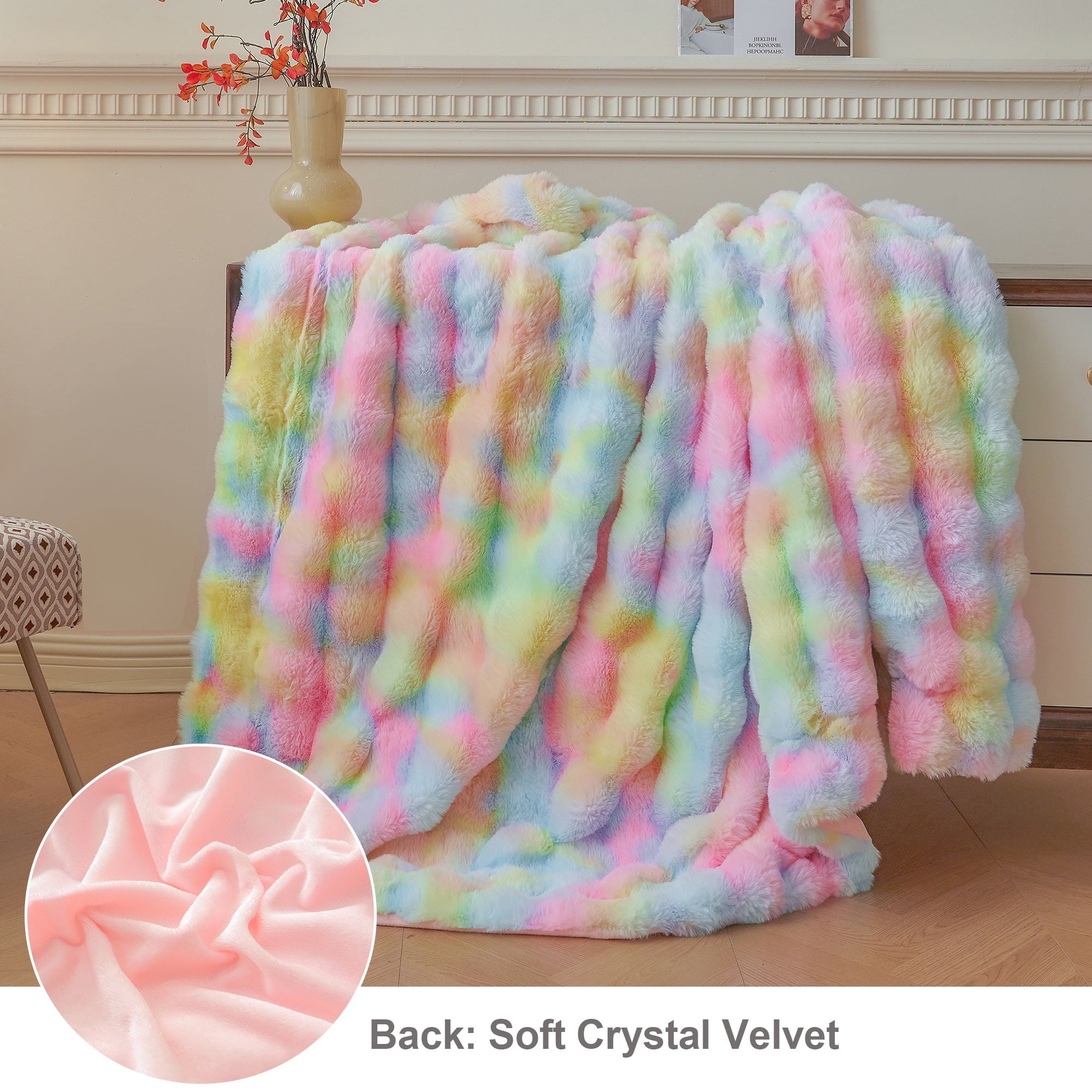 Decorative Knitted Fluffy Faux Rabbit Fur Bubble Throw, Rainbow Plush Shaggy Blanket for Couch Sofa Chair, Soft Tie Dye Furry Blanket Ad... - Luxury Knitted Decorative Throw Blanket with Fringes Detail