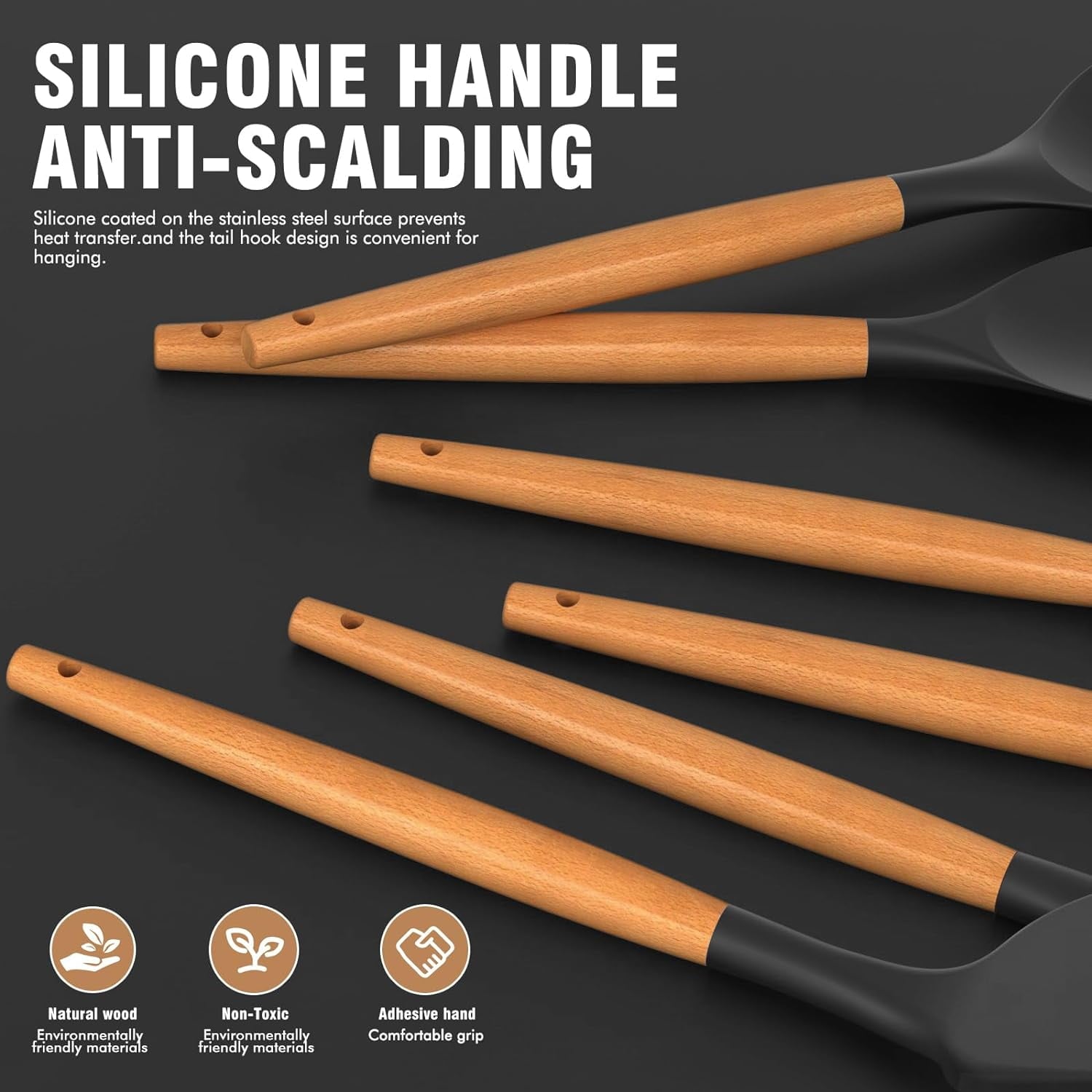 Ergonomic Manual Silicone Cooking Utensils Set - Silicone Kitchen Utensils for Cooking Wooden Handles, 446°F Heat Resistant Kitchen Ut... - Multi-Functional Manual Food Chopper & Slicer Detail