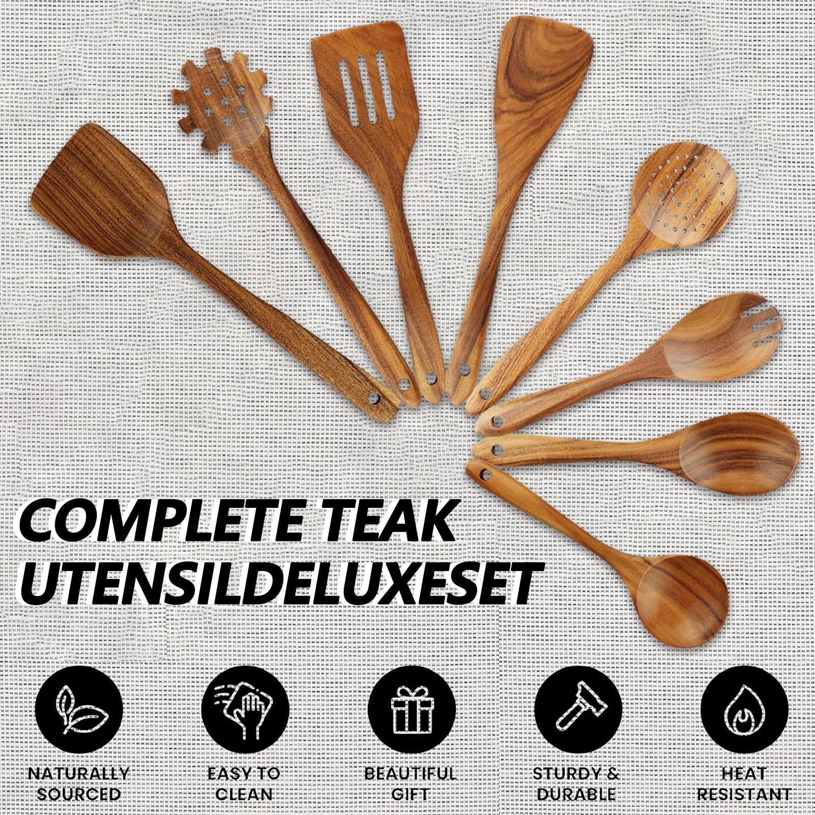 Non-Stick Safe 10Pcs Wooden Spoons for Cooking, Smooth Finish Teak Wooden Utensils for Cooking, Soft Comfort-Grip Wood Spoons for Co... - Premium Stainless Steel Cooking Utensil for Non-Stick Pots Detail