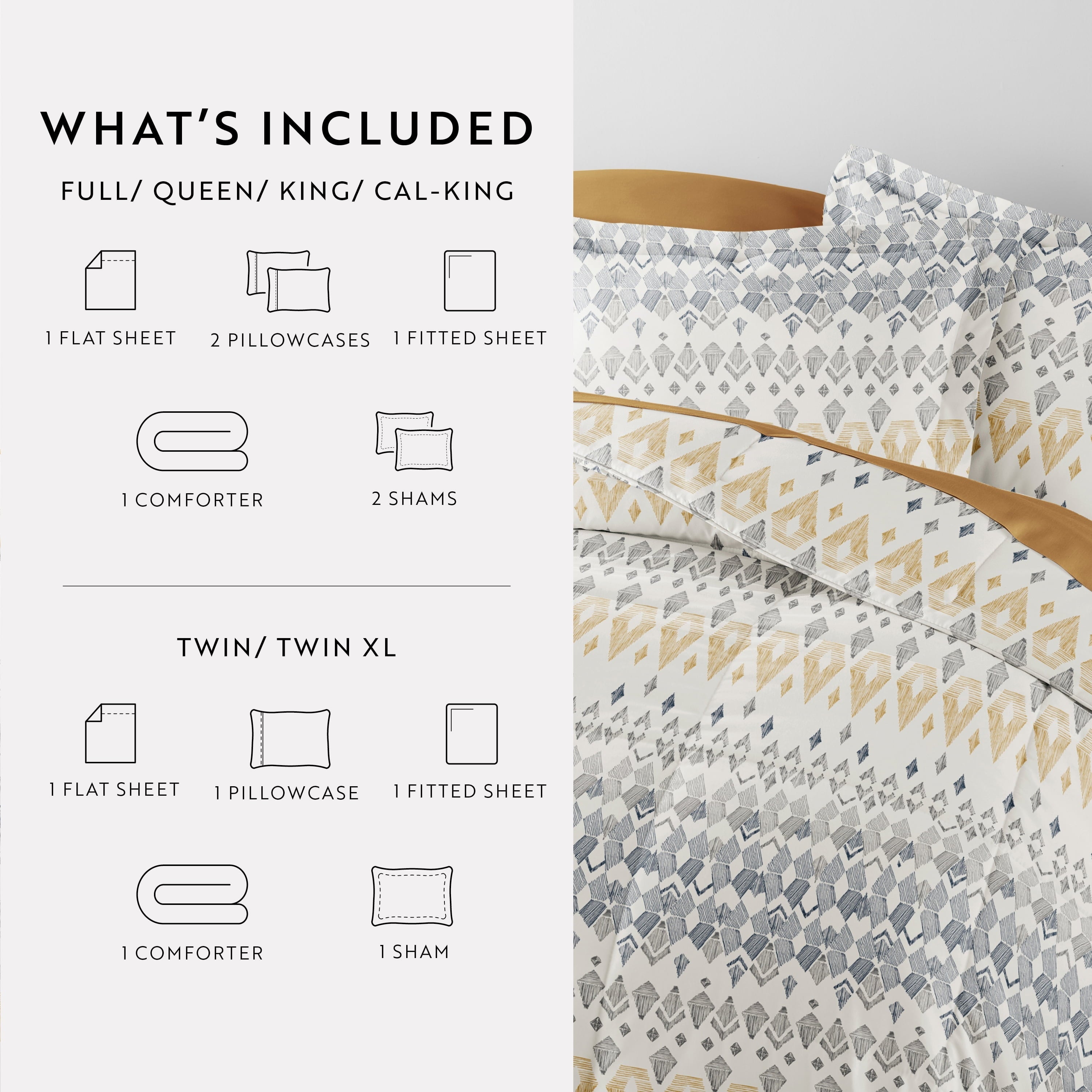 All-Season 7 Piece Bedding Bundle, Microfiber Patterned Comforter and Sheet Set, Queen - Luxurious Quilted Duvet Cover Set Detail