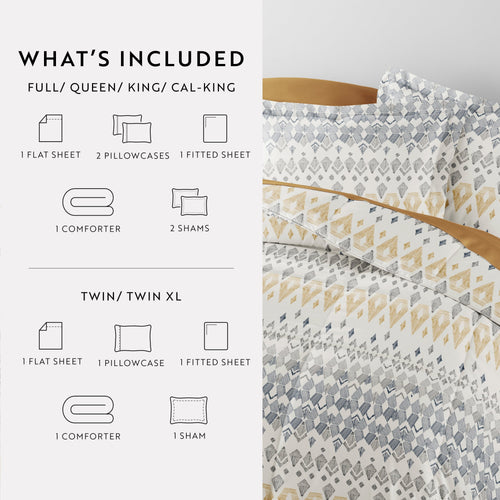 All-Season 7 Piece Bedding Bundle, Microfiber Patterned Comforter and Sheet Set, Queen - Luxurious Quilted Duvet Cover Set Detail