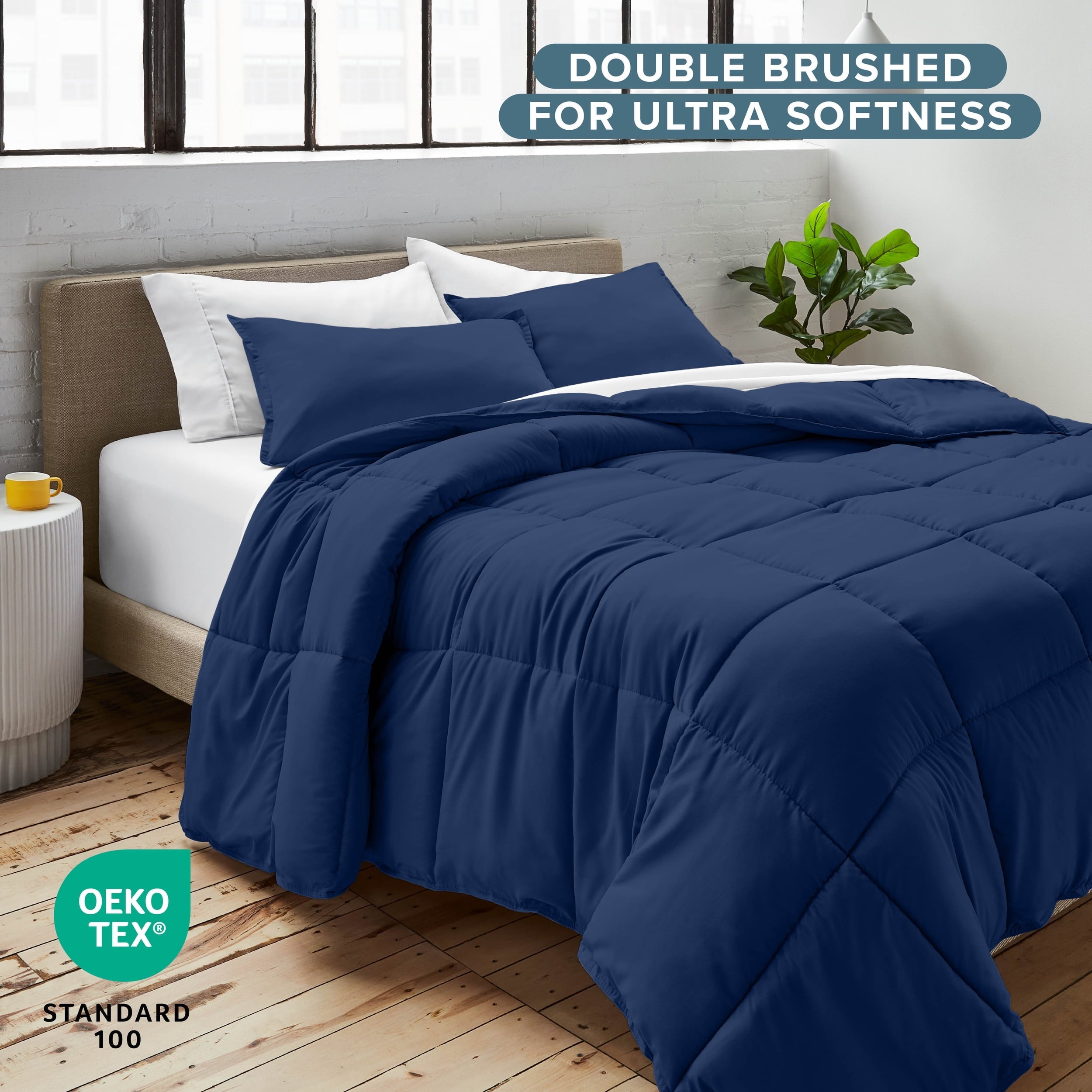Hypoallergenic Cloud Down Alternative Comforter Set - 3-Pieces - All Seasons - Queen, Dark Blue - Luxurious Quilted Duvet Cover Set Detail