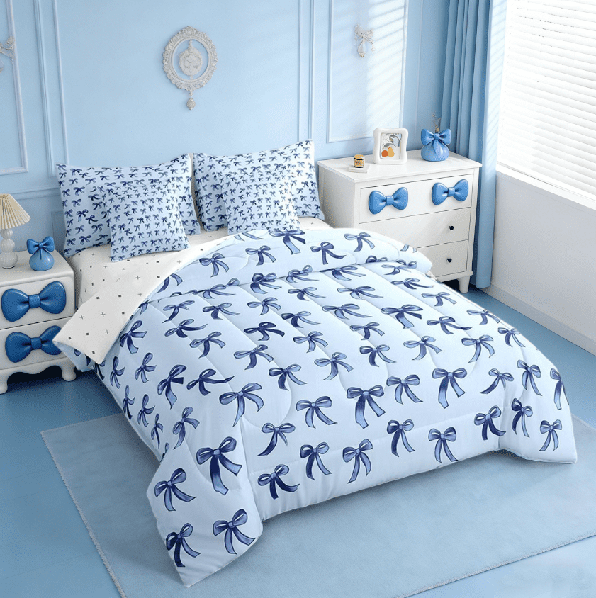 Luxurious Quilted Cute Bowknot Twin Bedding Sets 7-Piece,Girls Ribbon Bow Bedding Comforter Set,Dreamy Blue Sheet Sets For Girls,Super ... - Cloud-Like Soft Lightweight Bed Comforter Detail
