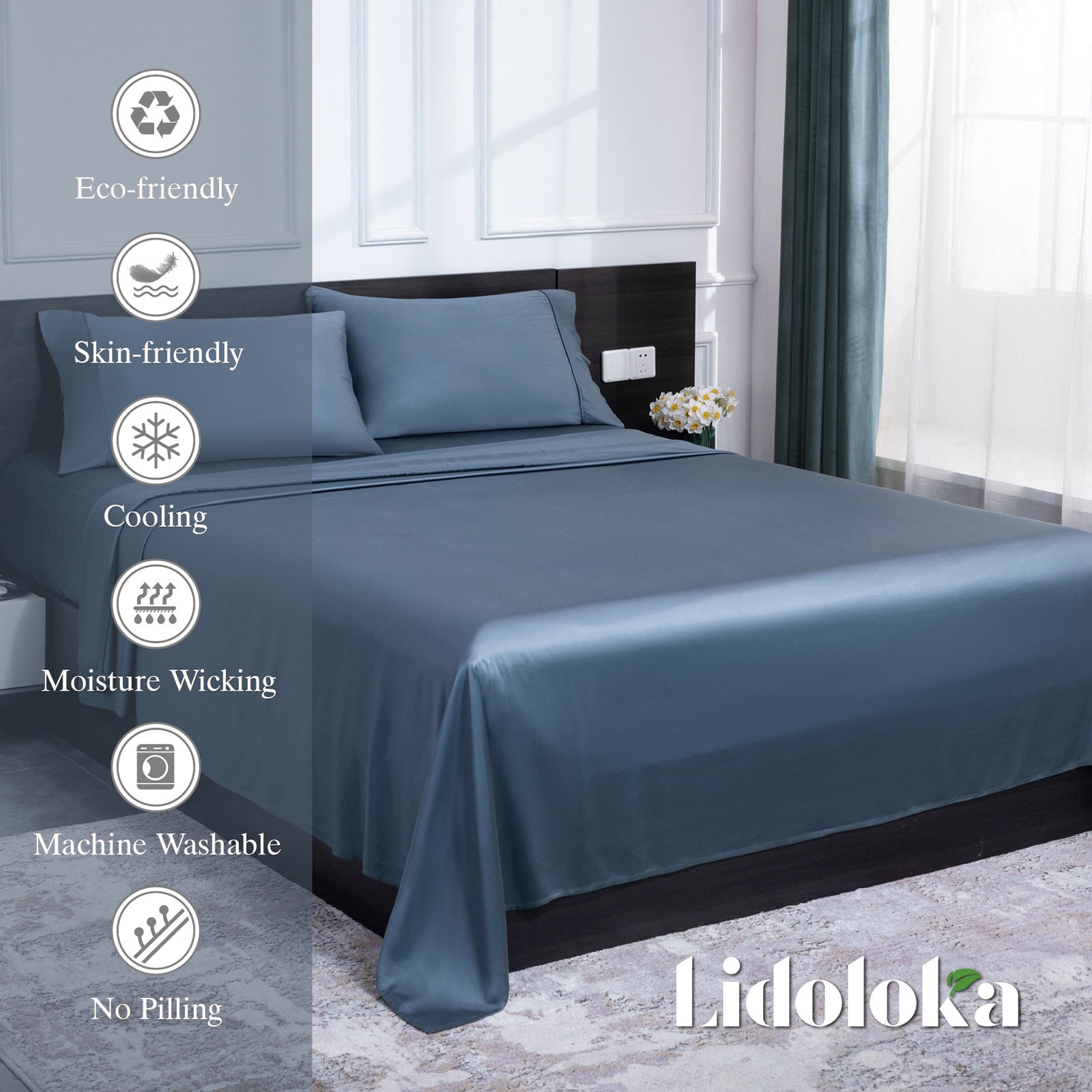 Ultra-Soft Luxury Bamboo Bed Sheets Set Full 4 Pcs for Adult,Soft&Cool,16" Deep Pocket,Blue Gray - Luxury Bed Sheet Set with Deep Pockets Detail