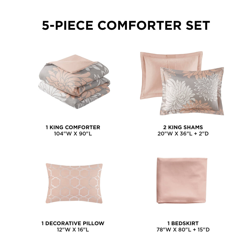 All-Season King Size Comforter Set, 5-Piece Floral Bedding Set for All Season, Blush Comforter Set King with Bed Skirt - All-Season Down Alternative Comforter Insert Detail