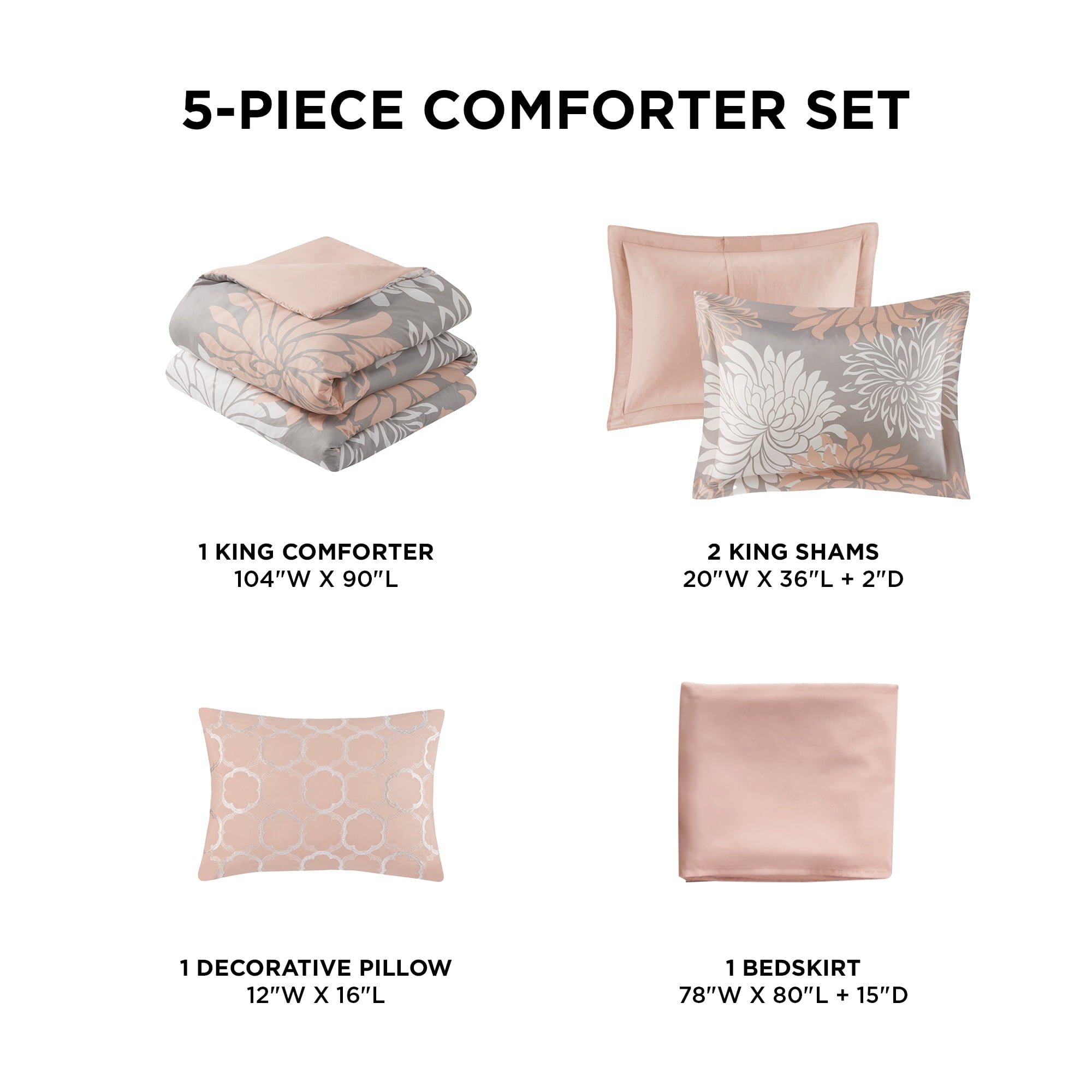 All-Season King Size Comforter Set, 5-Piece Floral Bedding Set for All Season, Blush Comforter Set King with Bed Skirt - All-Season Down Alternative Comforter Insert Detail