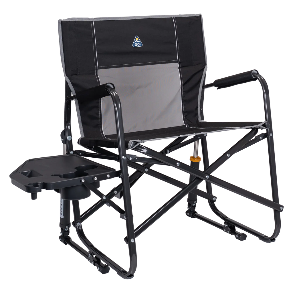 Premium All-Weather Freestyle Rocker XL with Side Table - Choice 836 - Patented Spring-Action Rocking Chair for Camping - Black