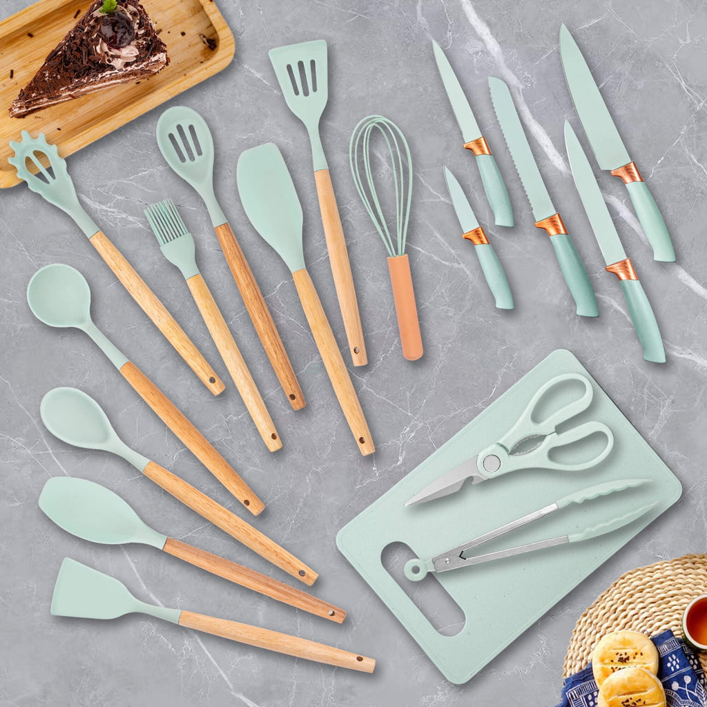 Durable Steel 19pcs Silicone Kitchen Utensil Set, Heat-Resistant Non-Stick Easy Cooking Cleaning Home Light-Green - High-Precision Culinary Tool for Baking & Cooking Detail
