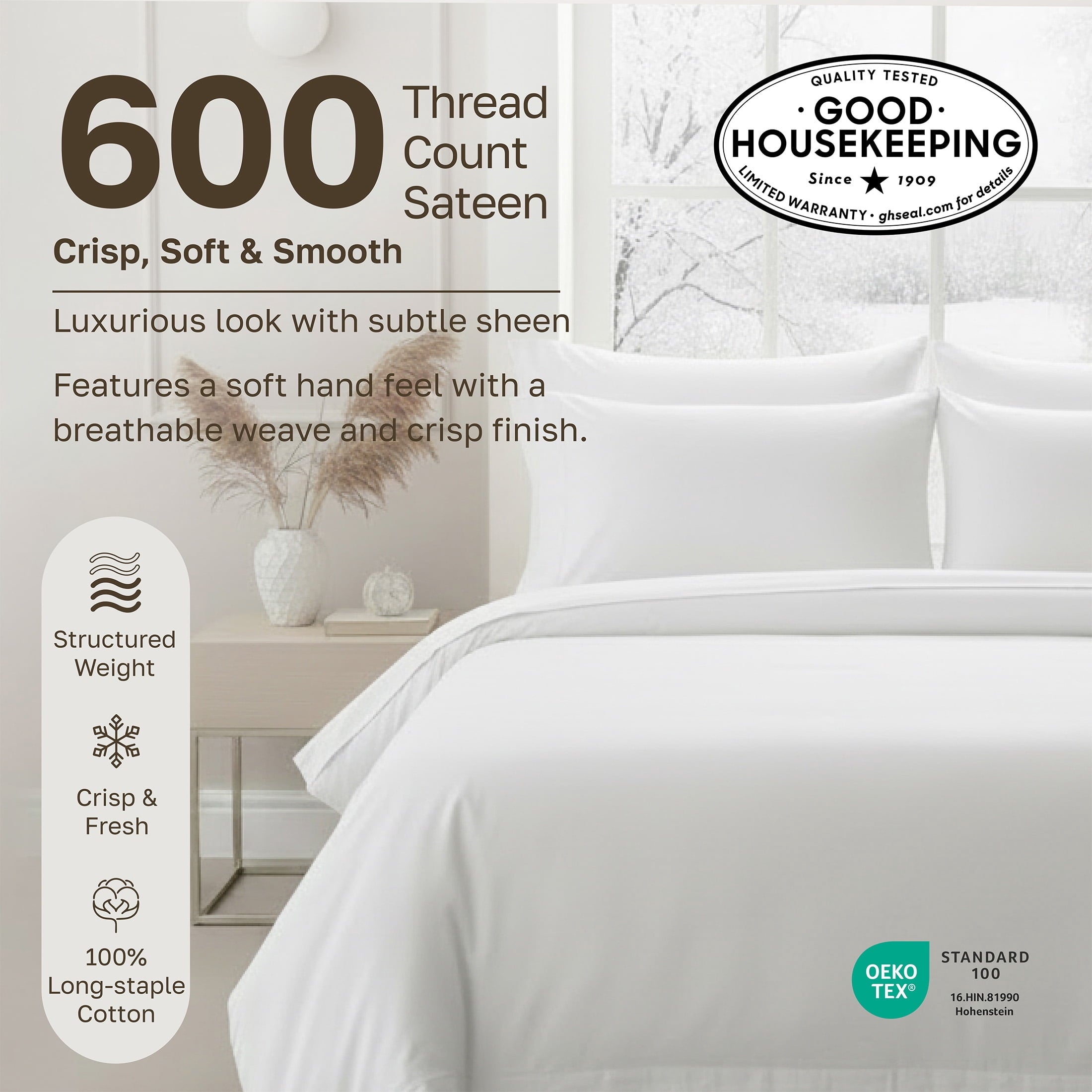 Cooling Sateen 100% Cotton Queen Sheets Set - 600 Thread Count 100% Cotton Sheets Queen, Sateen Deep Pocket Adult/Teen 4 Piece Bed Sh - Premium Ultra-Soft Pillowcase Pair for Sleeping Detail