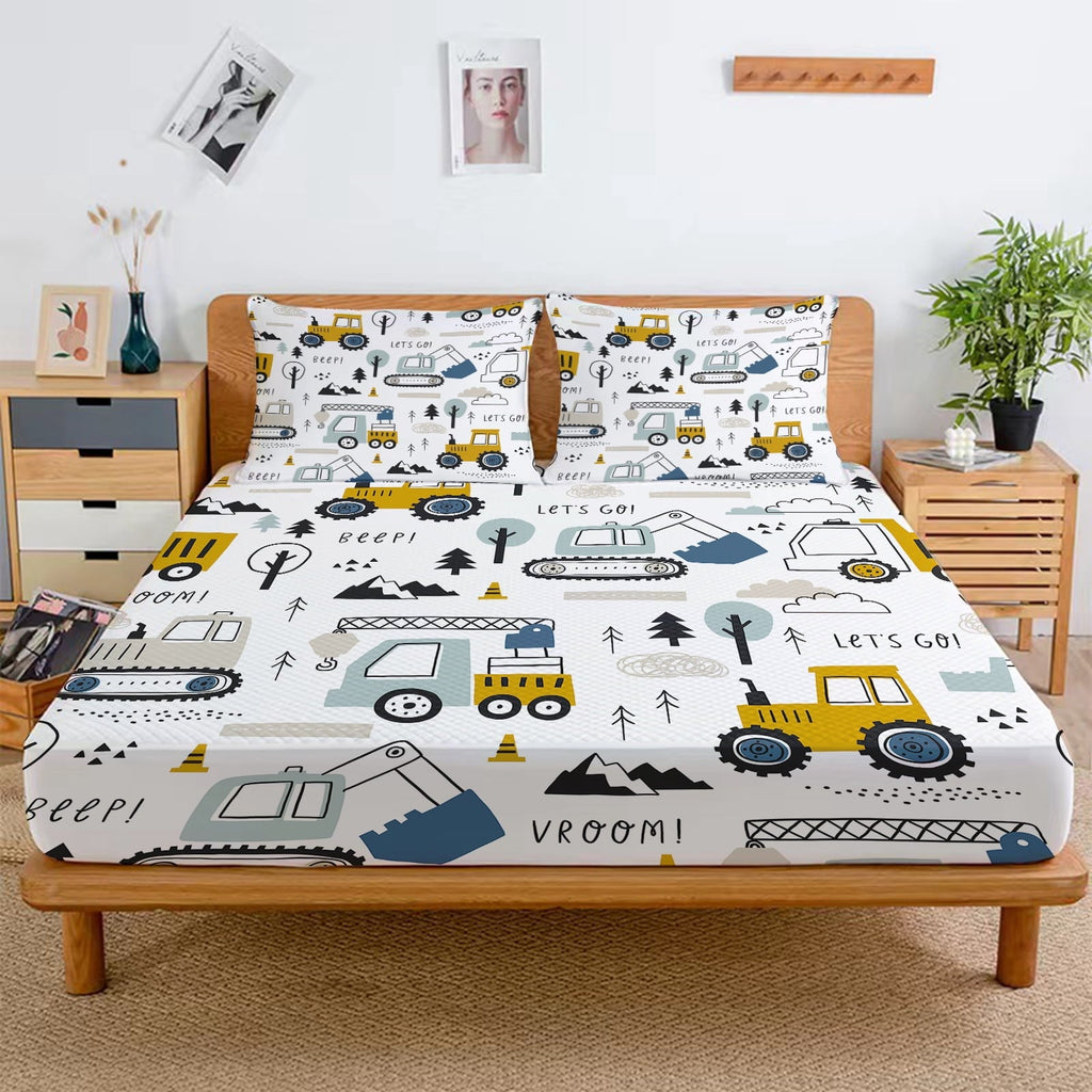 Cooling Sateen Cartoon Excavator Sheet Set for Kids Boys Truck Construction Bedding Set Engineering Vehicle Bed Sheet Sets with 1 Fi... - Breathable Egyptian Cotton Flat & Fitted Sheets Detail