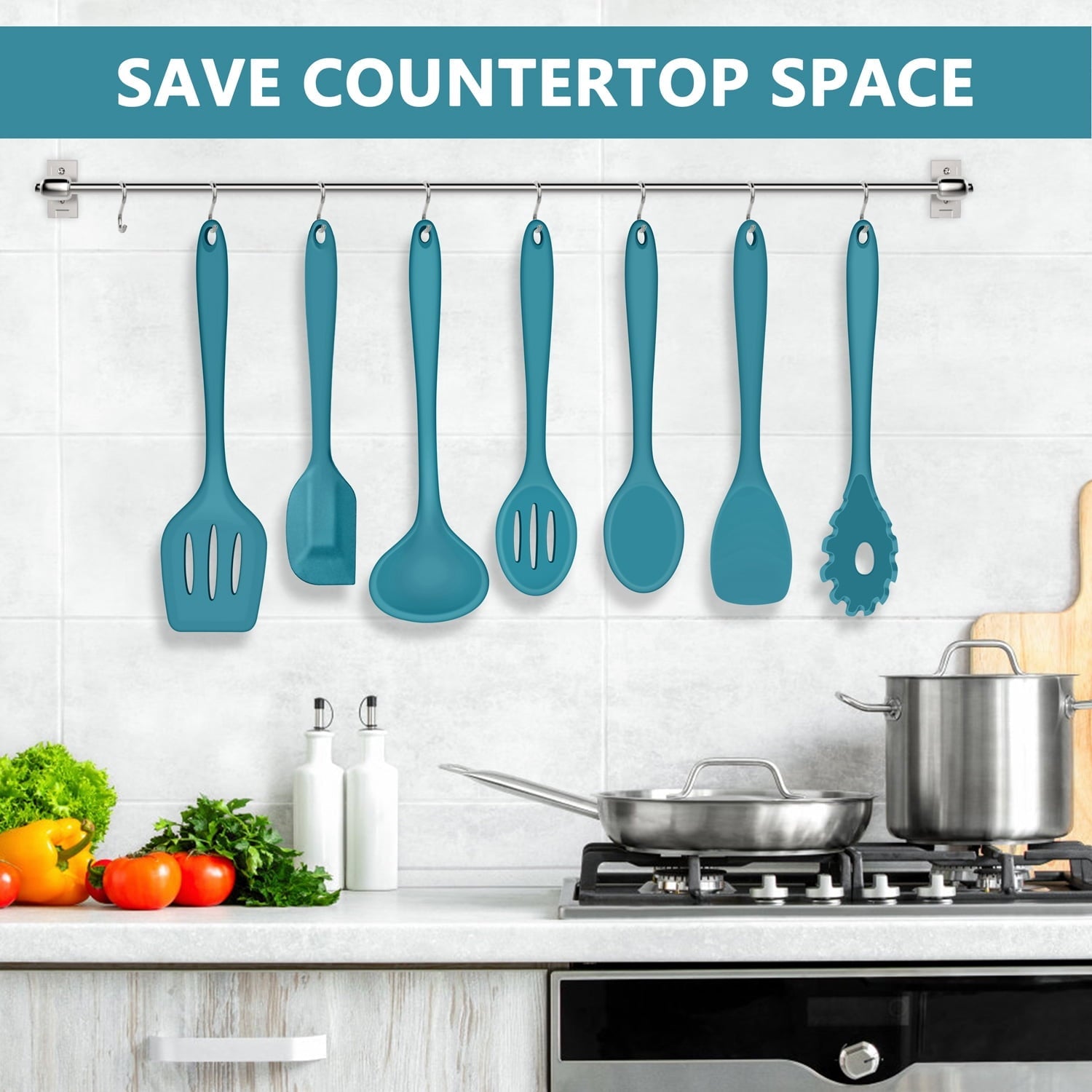 Seamless One-Piece 7-Piece Silicone Cooking Utensils Set, Blue Kitchen Utensils, Non-stick Gadgets Tools Include Slotted Turner, Soup La... - Ergonomic Kitchen Tongs and Cooking Spoon Utensil Detail