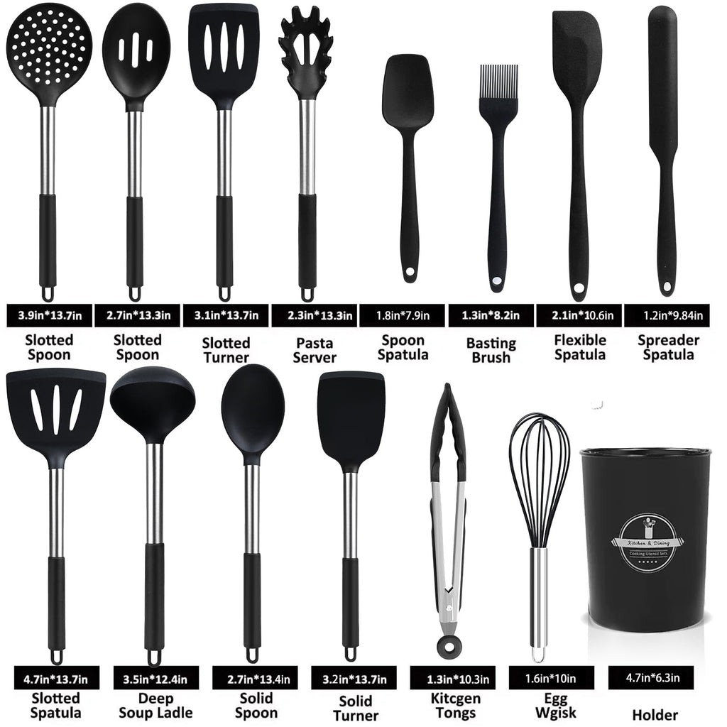 Chef-Quality Silicone Cooking Utensils Set, 26 Pcs, Heat Resistant Kitchen Utensils Set, Black - Multi-Purpose Hand Tool for Daily Meal Prep Detail