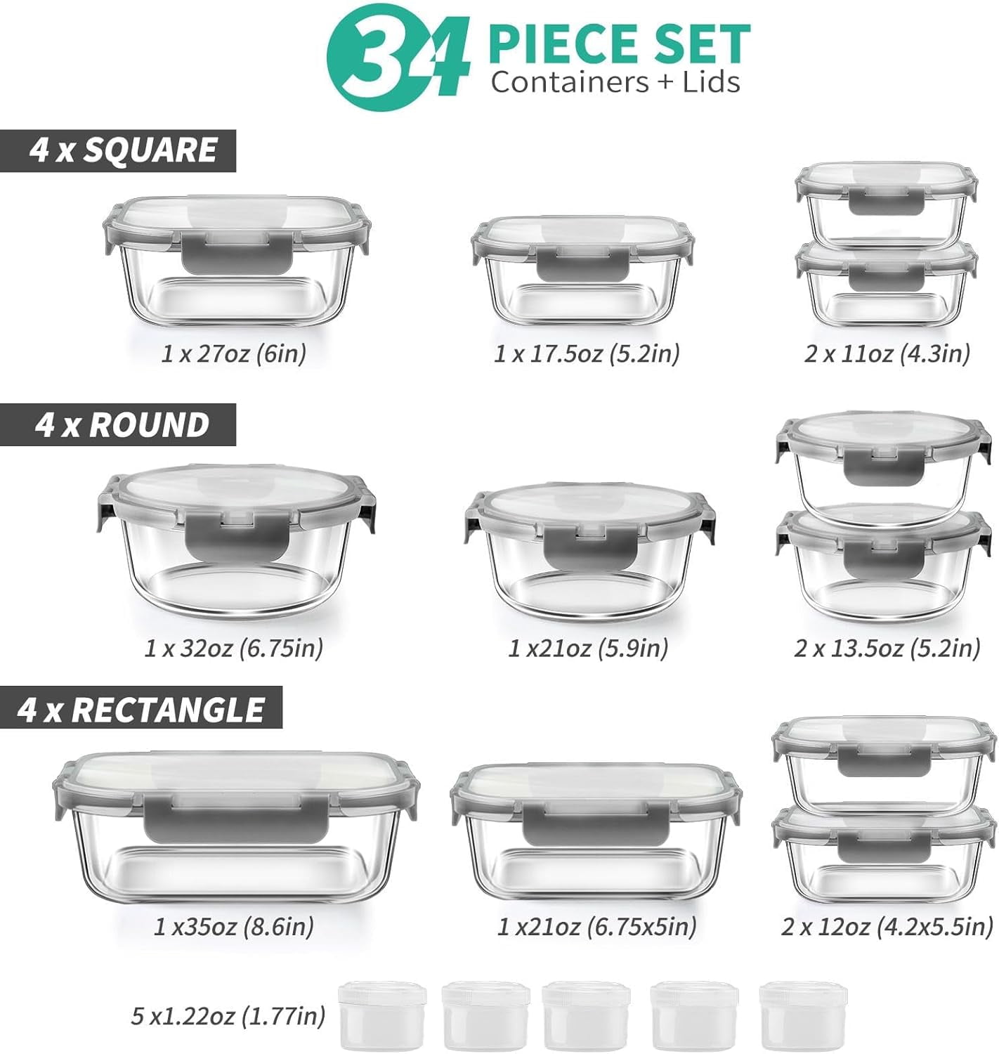 Sweet Treat Shaped 34pcs Glass Food Storage Containers with Lids Set, Airtight Meal Prep Containers (17 Containers & 17 Lids), Grey - Fun Food Fidget Cookie Squishable Toy Detail