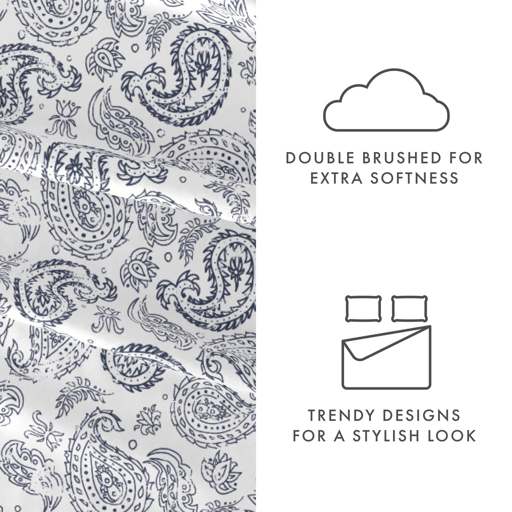 Cooling Sateen 4 Piece Pattern Microfiber Bed Sheets Set, Navy Coarse Paisley, Full - Breathable Egyptian Cotton Flat & Fitted Sheets Detail