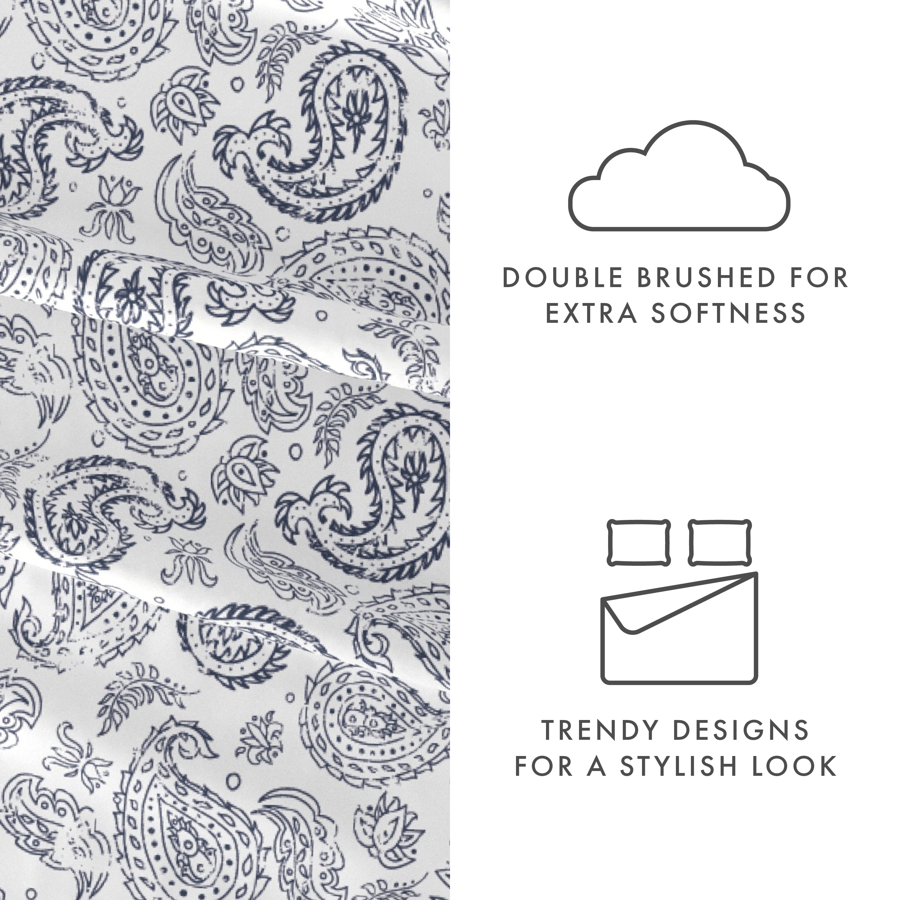 Cooling Sateen 4 Piece Pattern Microfiber Bed Sheets Set, Navy Coarse Paisley, Full - Breathable Egyptian Cotton Flat & Fitted Sheets Detail