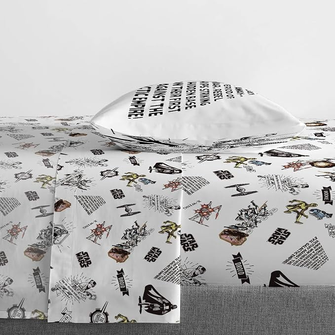 Cooling Sateen T-Shirt Comic 3 Piece Twin Size Bed Sheets Set - Disney Space Theme Bedding - Cooling Hotel Quality Bedding Sheets and Pillowcases Detail
