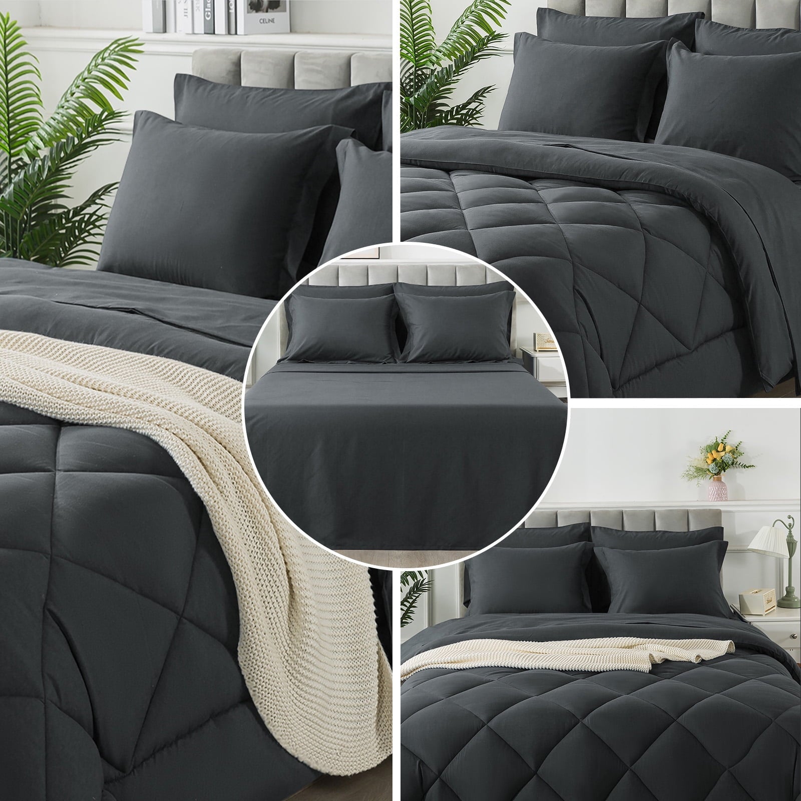 All-Season Queen Bed in a Bag Comforter Set with 7 Pieces - Dark Gray All Season Bedding Sets with Comforter, Pillow Shams, Flat... - Hypoallergenic Ultra-Fluffy Quilt for Winter Detail