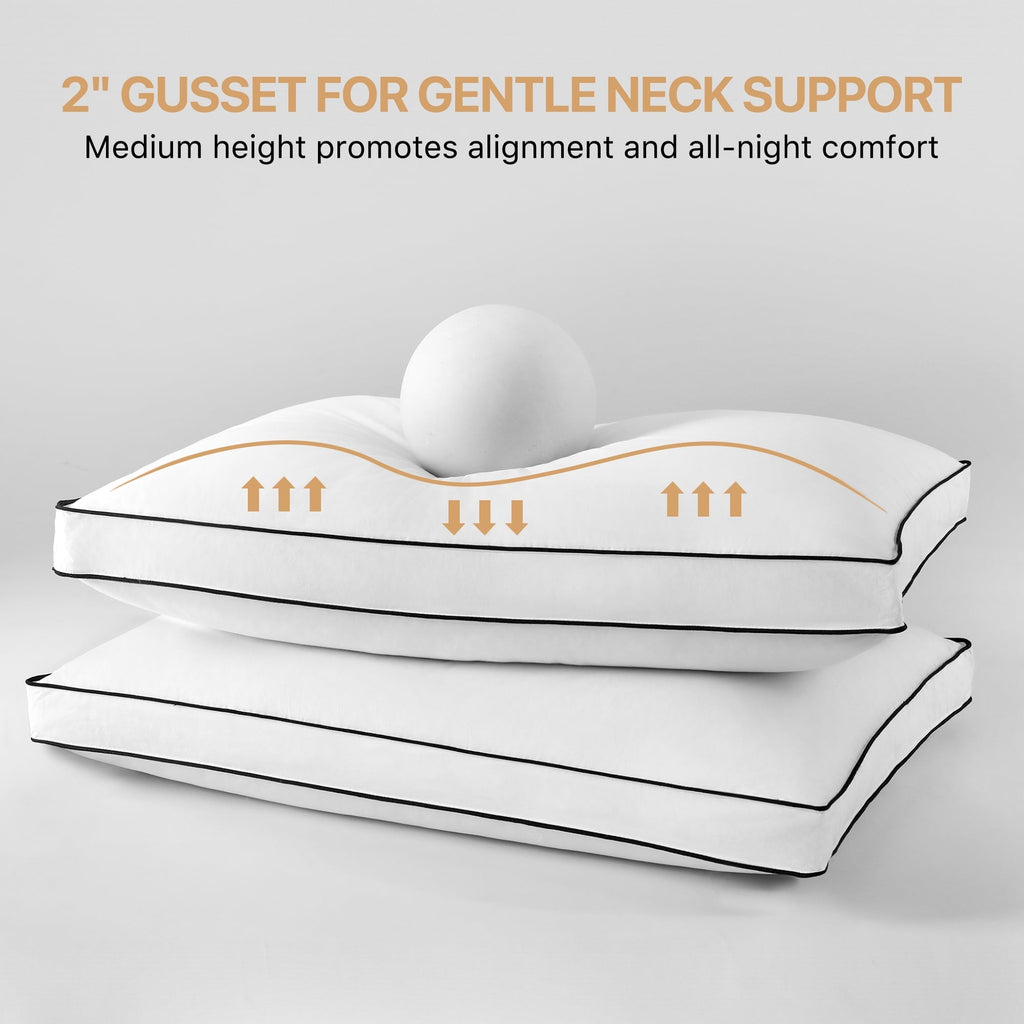 Hotel Collection Gusseted Feather Down Pillow Set of 2, Medium Firm Hotel Bed Pillows 2 Pack, Queen Size for Side Sleepers, 20 x 30 in - Orthopedic Shredded Foam Bed Pillow Set Detail