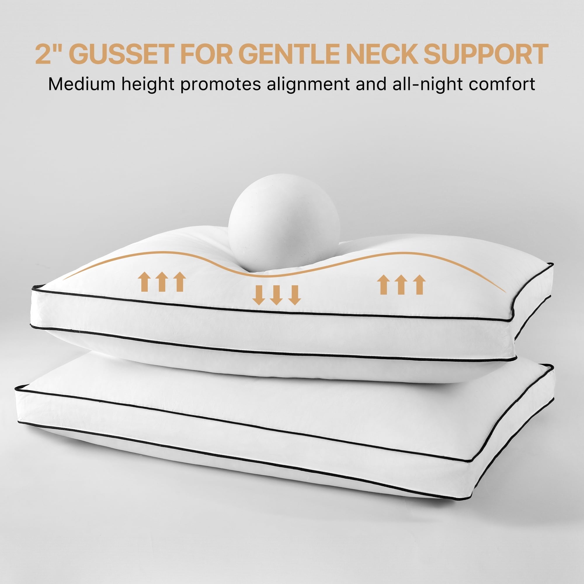 Hotel Collection Gusseted Feather Down Pillow Set of 2, Medium Firm Hotel Bed Pillows 2 Pack, Queen Size for Side Sleepers, 20 x 30 in - Orthopedic Shredded Foam Bed Pillow Set Detail